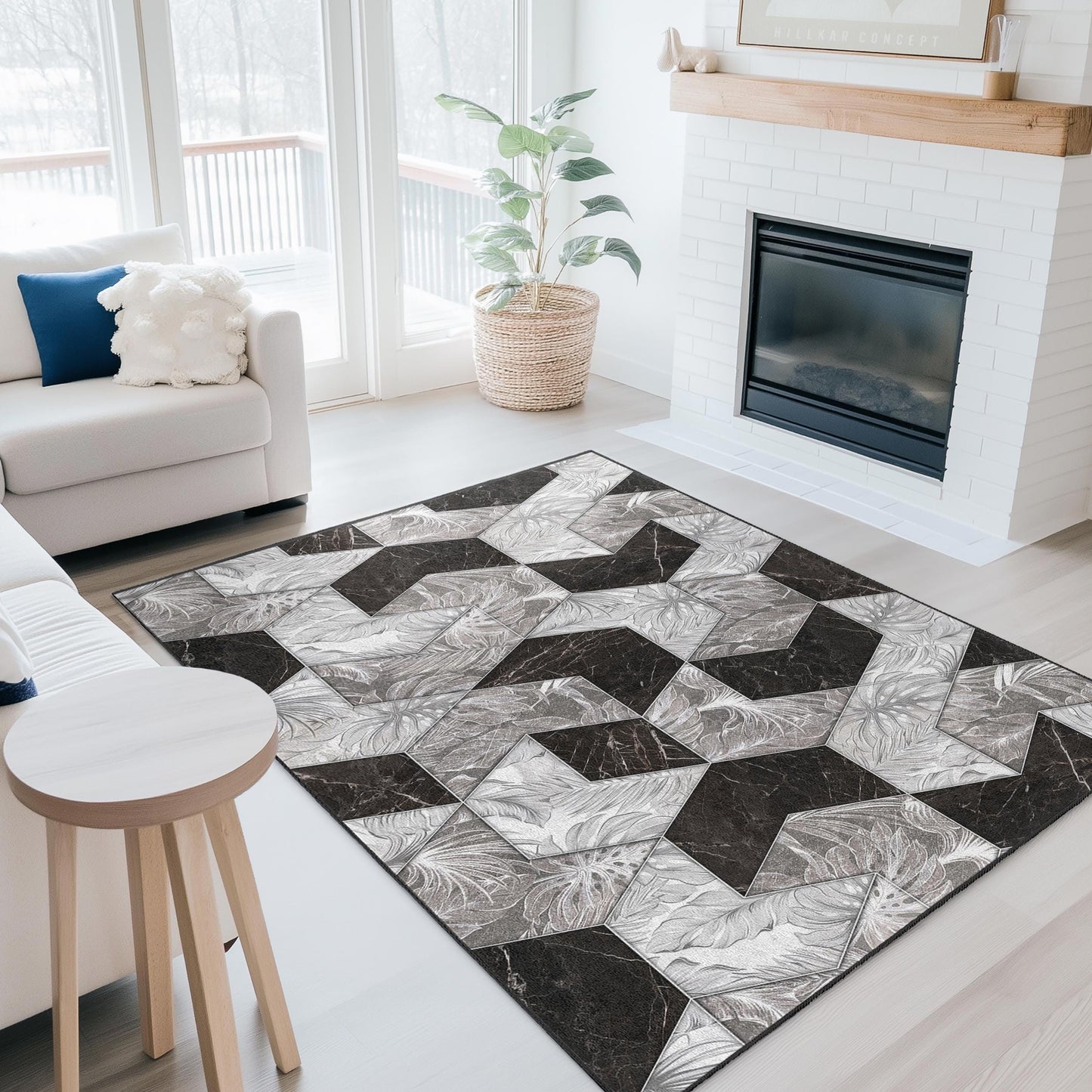 Geometrischer rechteckiger Teppich in Schwarz-Weiß, modernes Muster für das Wohnzimmer, stilvolle Wohndekoration, eleganter Bodenbelag