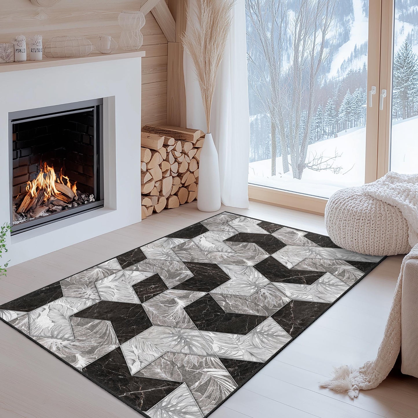 Geometrischer rechteckiger Teppich in Schwarz-Weiß, modernes Muster für das Wohnzimmer, stilvolle Wohndekoration, eleganter Bodenbelag