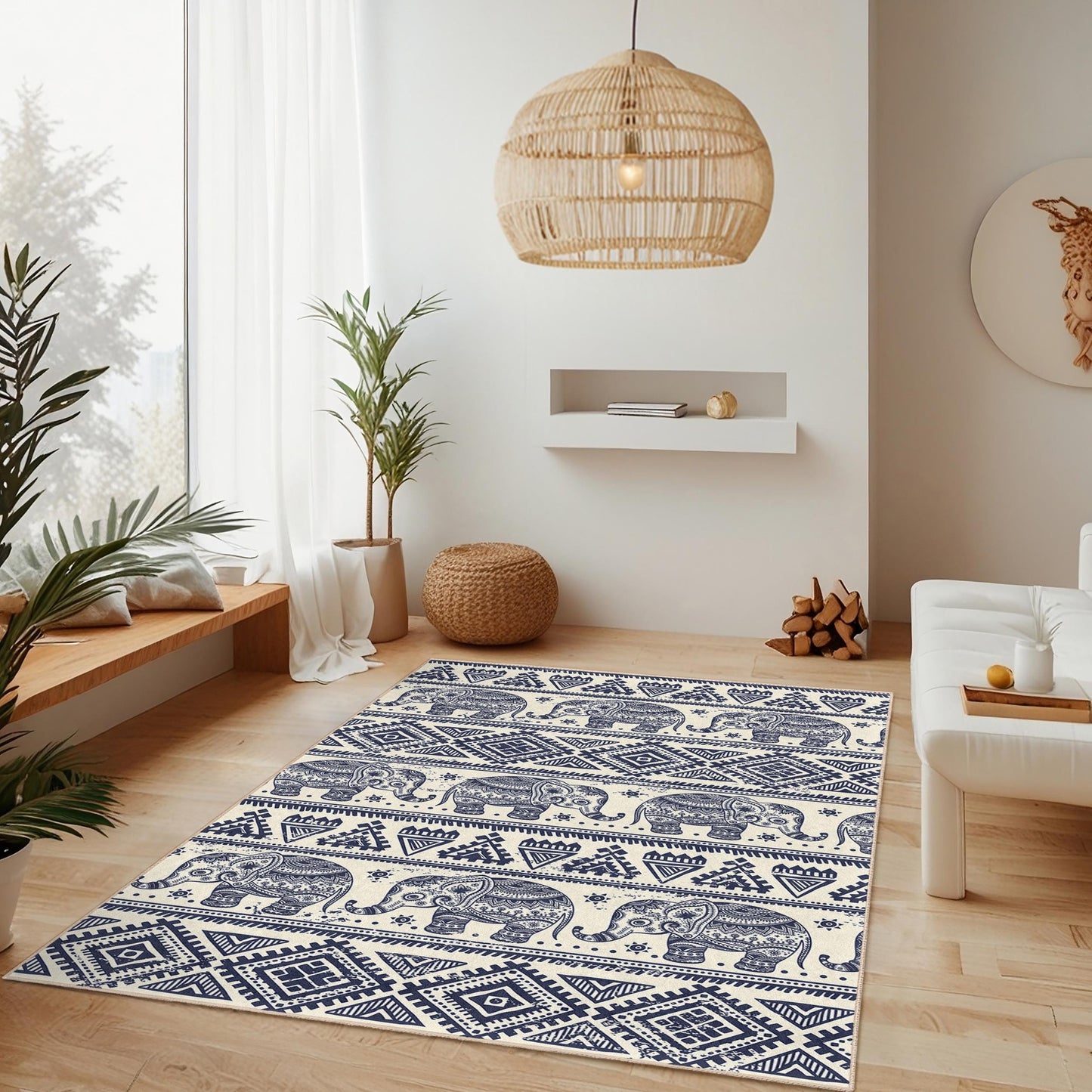 Rechteckiger Teppich mit marineblauem Elefantenmuster, Boho-Chic-Wohnzimmerteppich, stilvoller Teppich mit Elefantenmotiv, einzigartige Wohndekoration