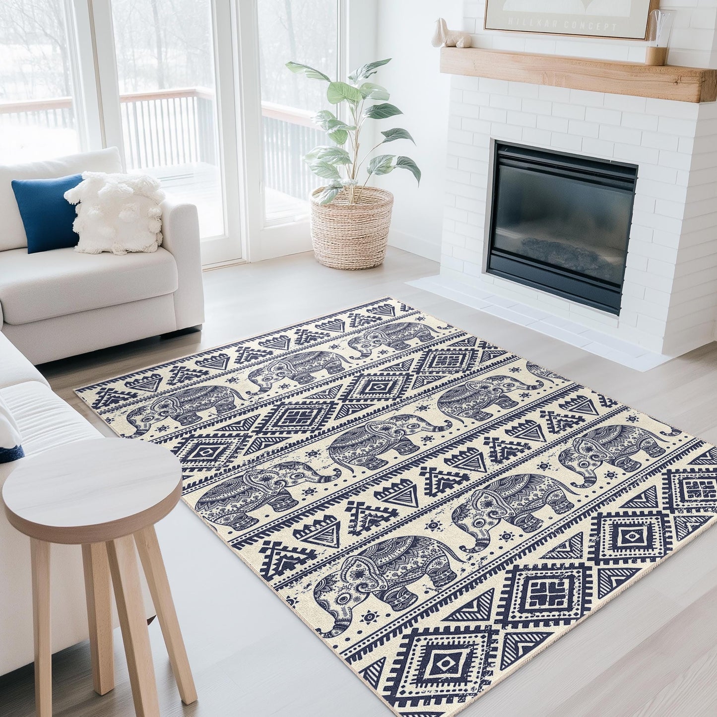 Rechteckiger Teppich mit marineblauem Elefantenmuster, Boho-Chic-Wohnzimmerteppich, stilvoller Teppich mit Elefantenmotiv, einzigartige Wohndekoration