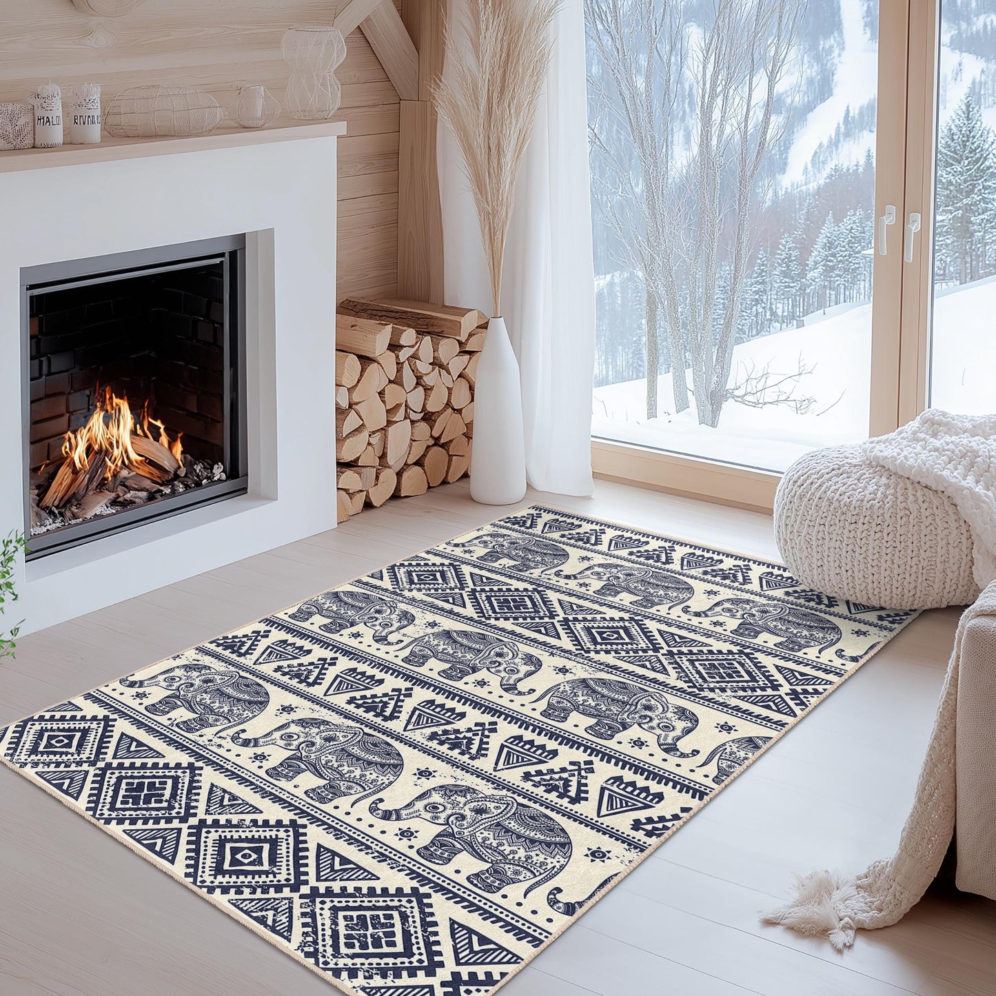 Rechteckiger Teppich mit marineblauem Elefantenmuster, Boho-Chic-Wohnzimmerteppich, stilvoller Teppich mit Elefantenmotiv, einzigartige Wohndekoration