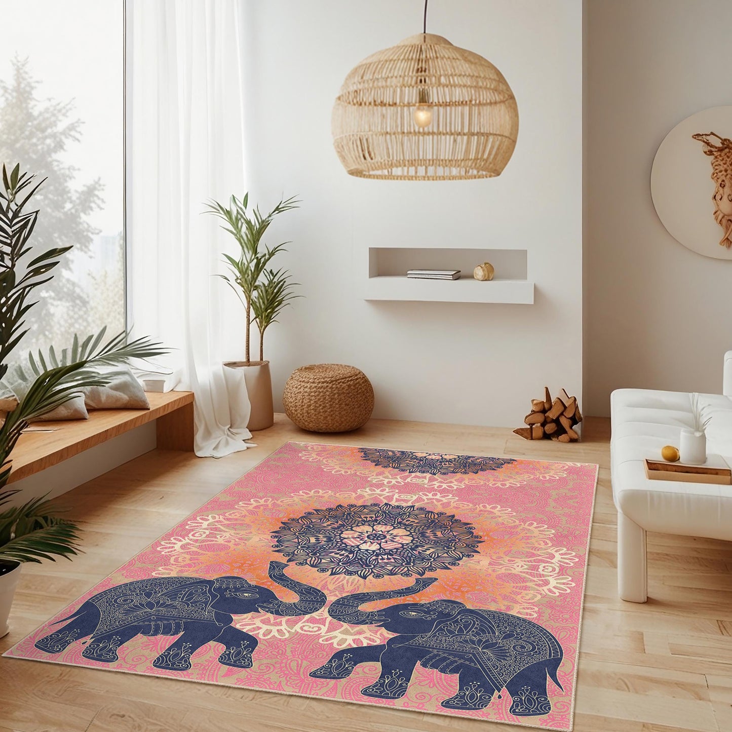 Rechteckiger Teppich mit Mandala-Elefantenmuster, Wohnzimmerteppich im Bohème-Stil, Teppich im Ethno-Design, weiche Bodenmatte