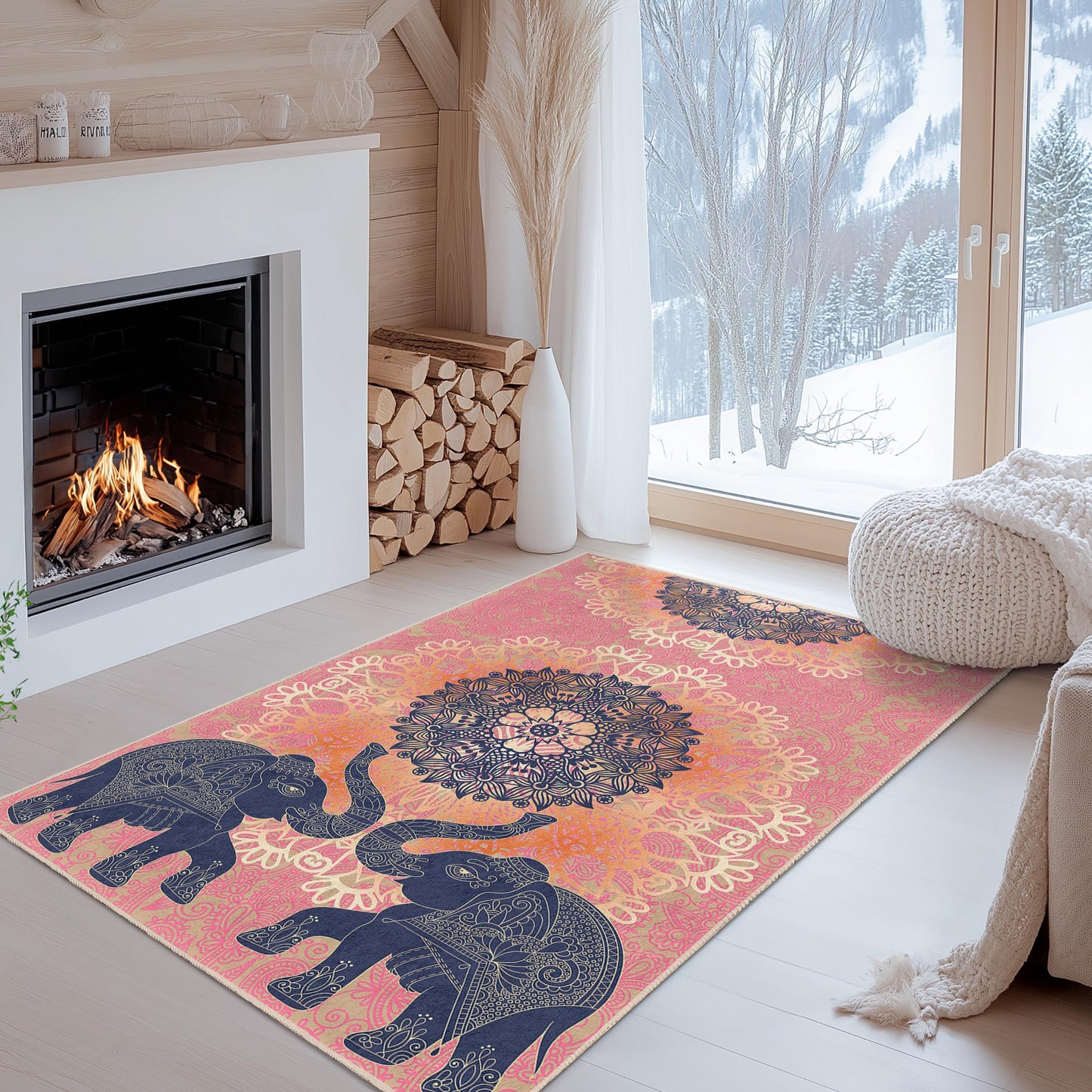 Rechteckiger Teppich mit Mandala-Elefantenmuster, Wohnzimmerteppich im Bohème-Stil, Teppich im Ethno-Design, weiche Bodenmatte