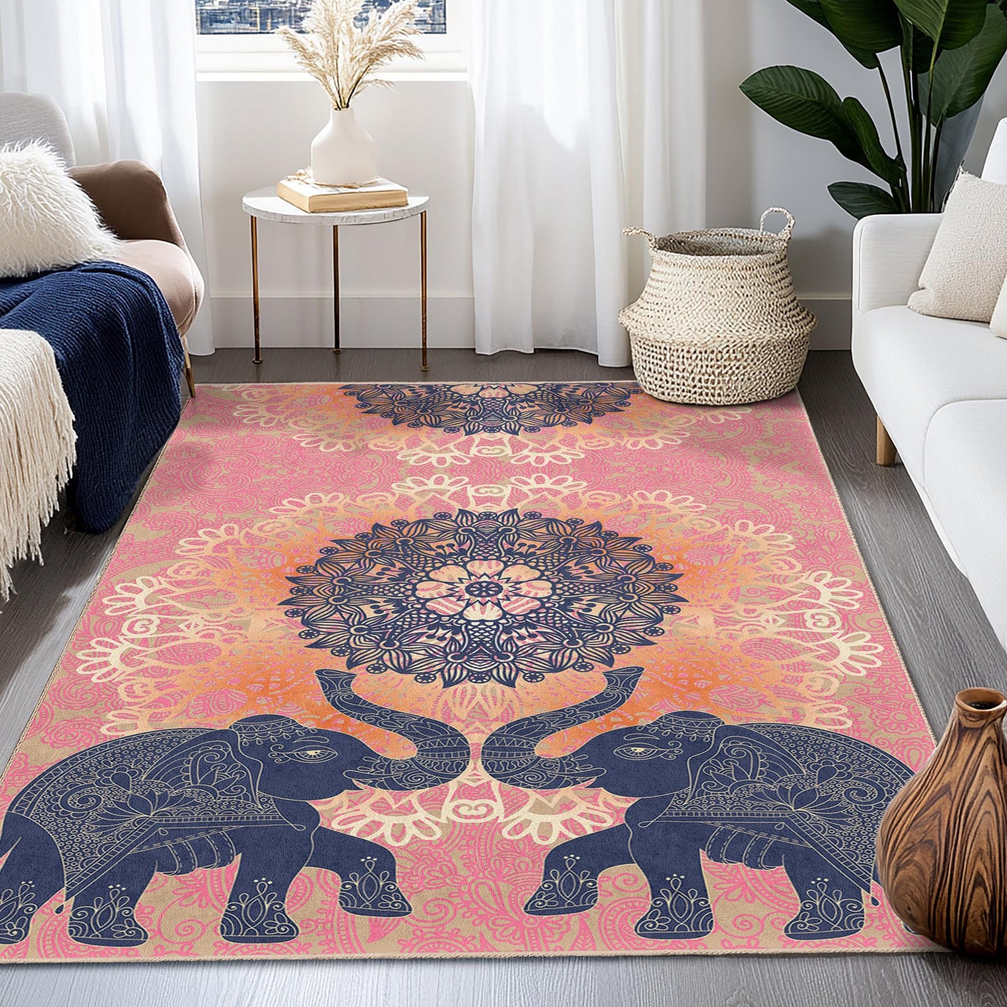Rechteckiger Teppich mit Mandala-Elefantenmuster, Wohnzimmerteppich im Bohème-Stil, Teppich im Ethno-Design, weiche Bodenmatte