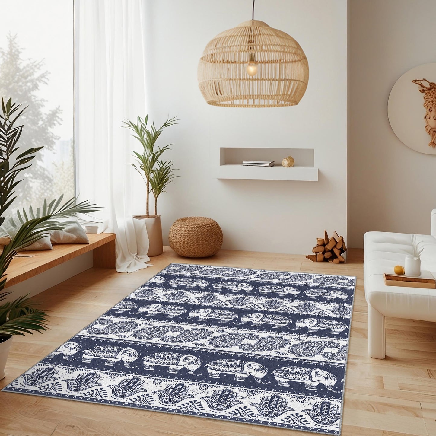 Rechteckiger Teppich mit marineblauem Elefantenmuster, dekorativer Elefantenteppich für das Wohnzimmer, Boho-Stil, stilvoller Teppich