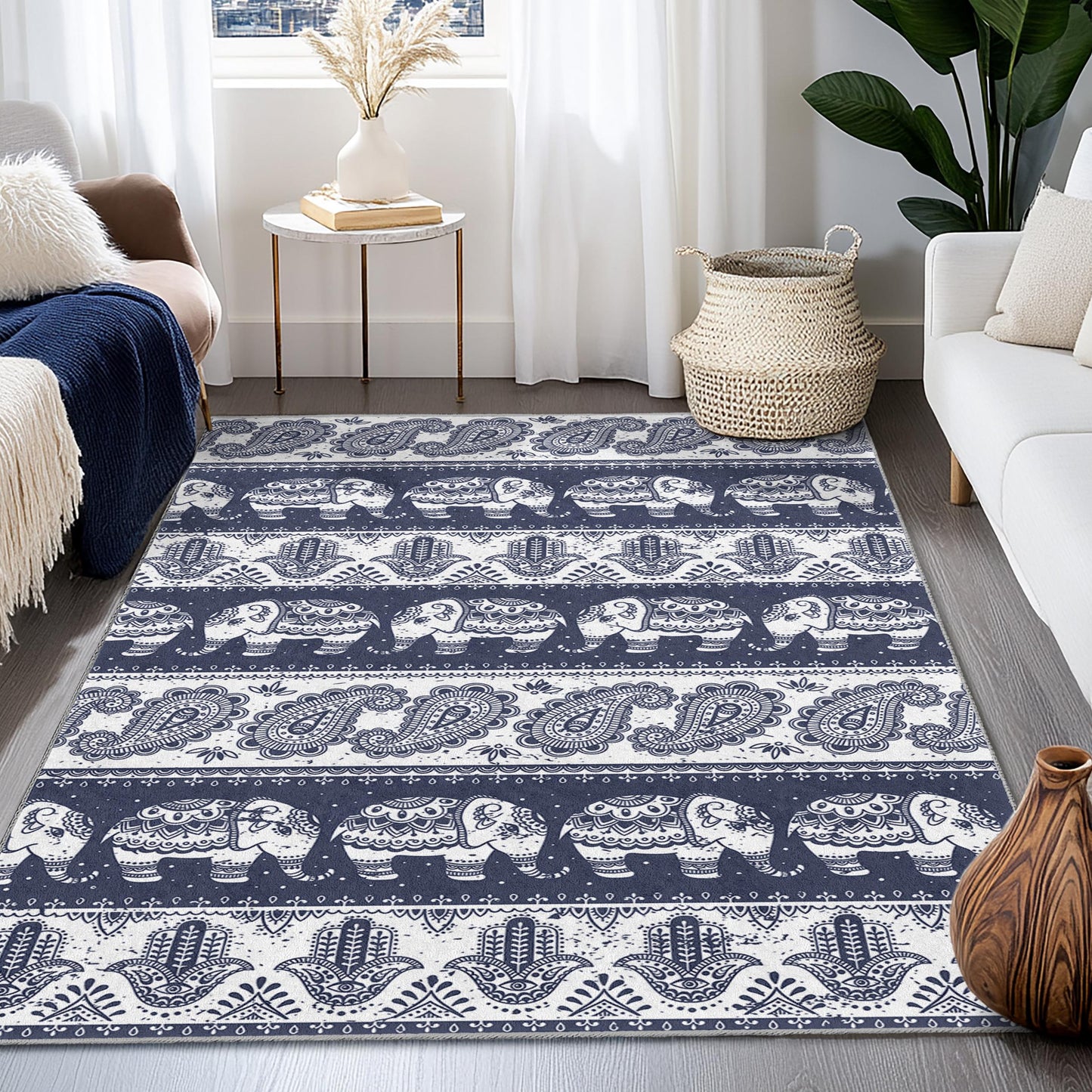 Rechteckiger Teppich mit marineblauem Elefantenmuster, dekorativer Elefantenteppich für das Wohnzimmer, Boho-Stil, stilvoller Teppich