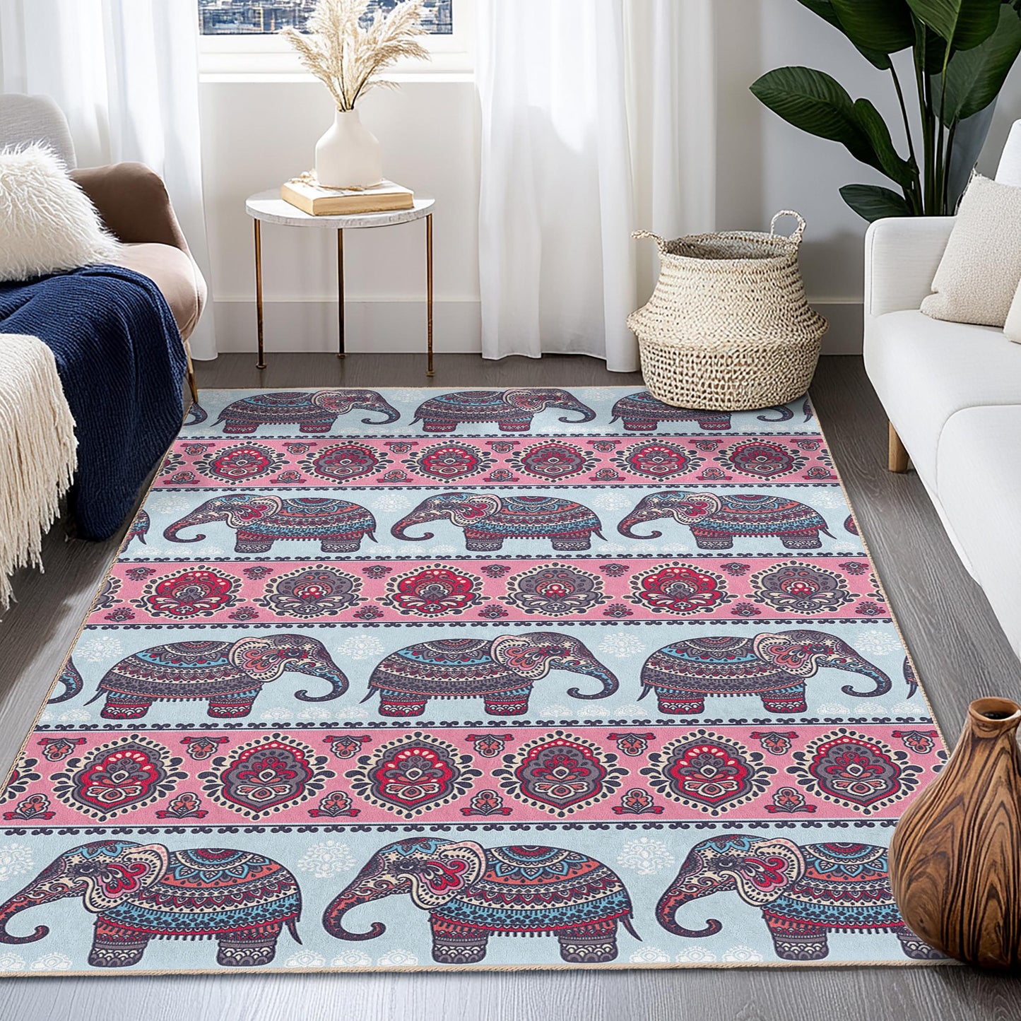 Rechteckiger Teppich mit Elefantenmuster, Boho-Chic-Dekoteppich, Wohnzimmerteppich, rosa-blaues Elefantenmotiv, einzigartige Wohnaccessoires