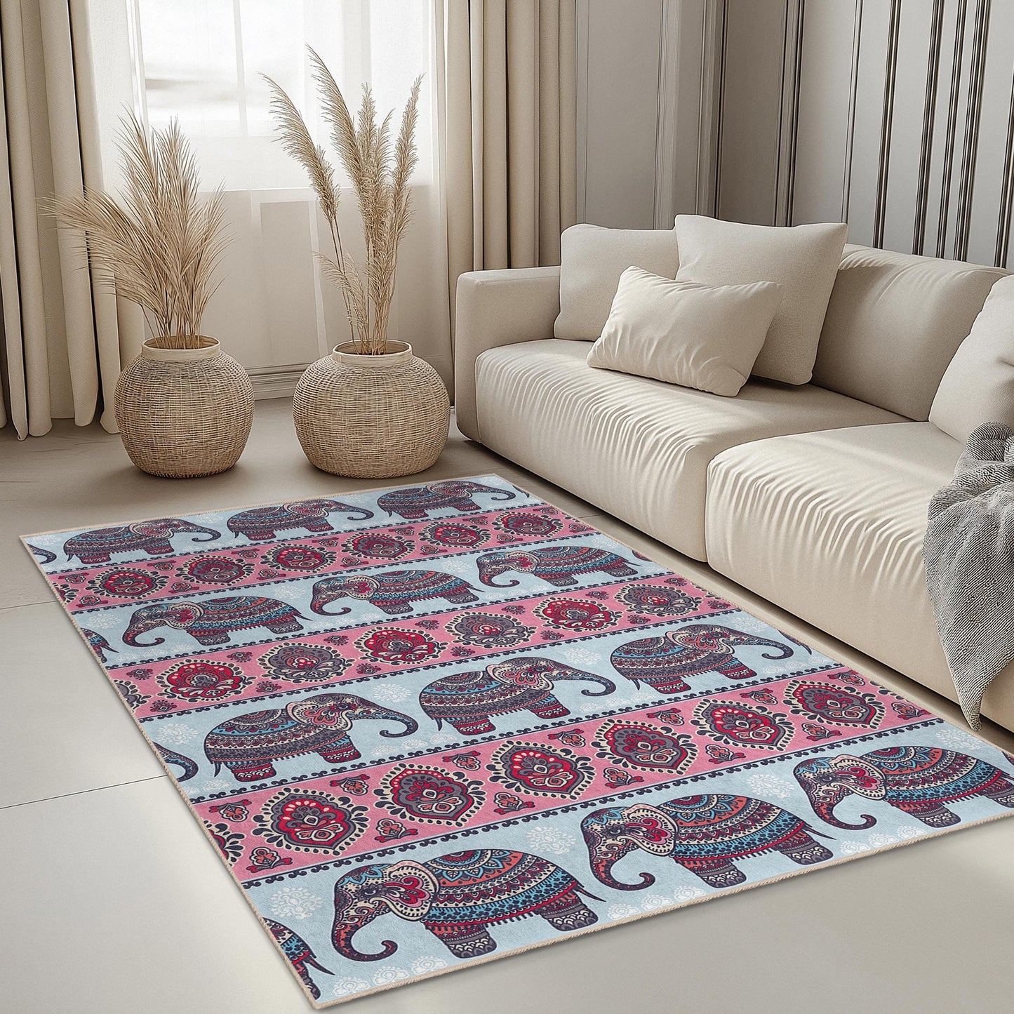 Rechteckiger Teppich mit Elefantenmuster, Boho-Chic-Dekoteppich, Wohnzimmerteppich, rosa-blaues Elefantenmotiv, einzigartige Wohnaccessoires