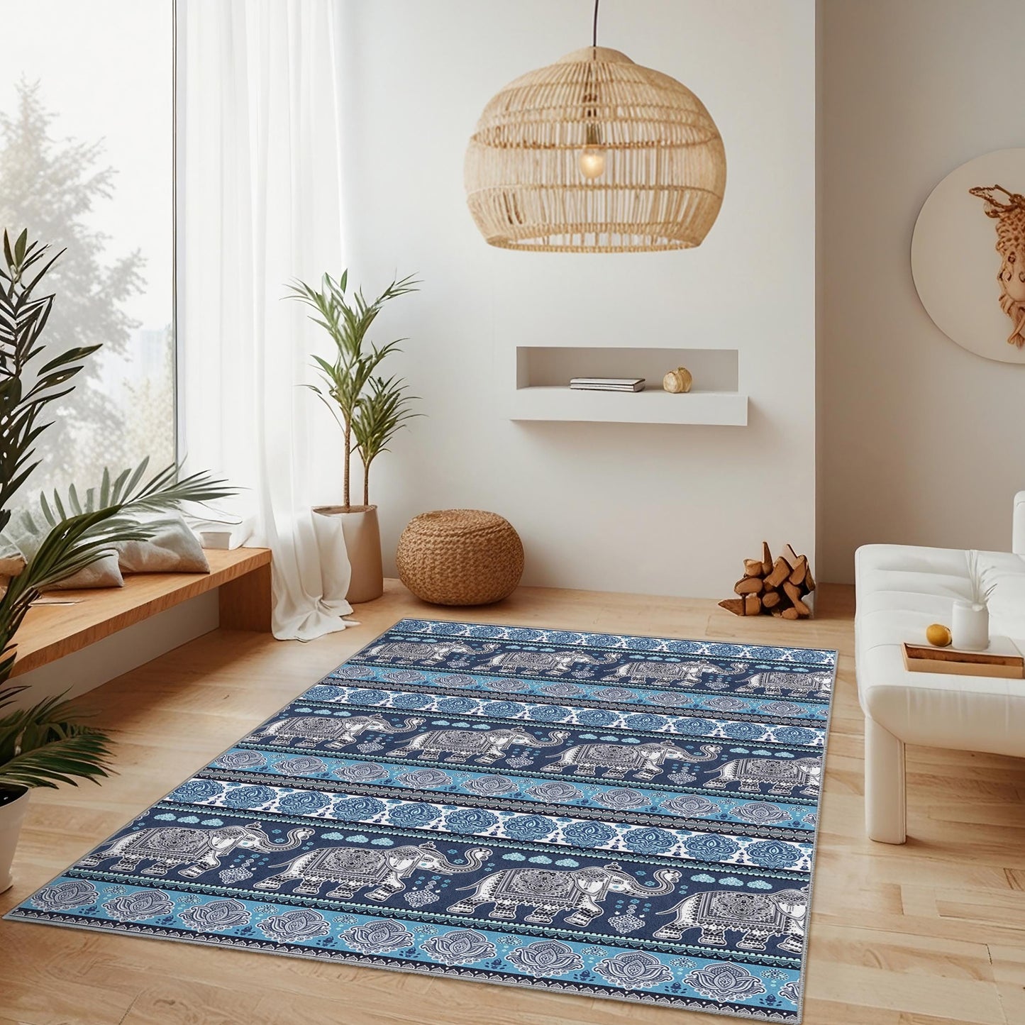 Eleganter rechteckiger Teppich mit Elefantenmuster, Boho-Stil, Wohnzimmerteppich, einzigartiges Elefantendesign, weicher Teppich