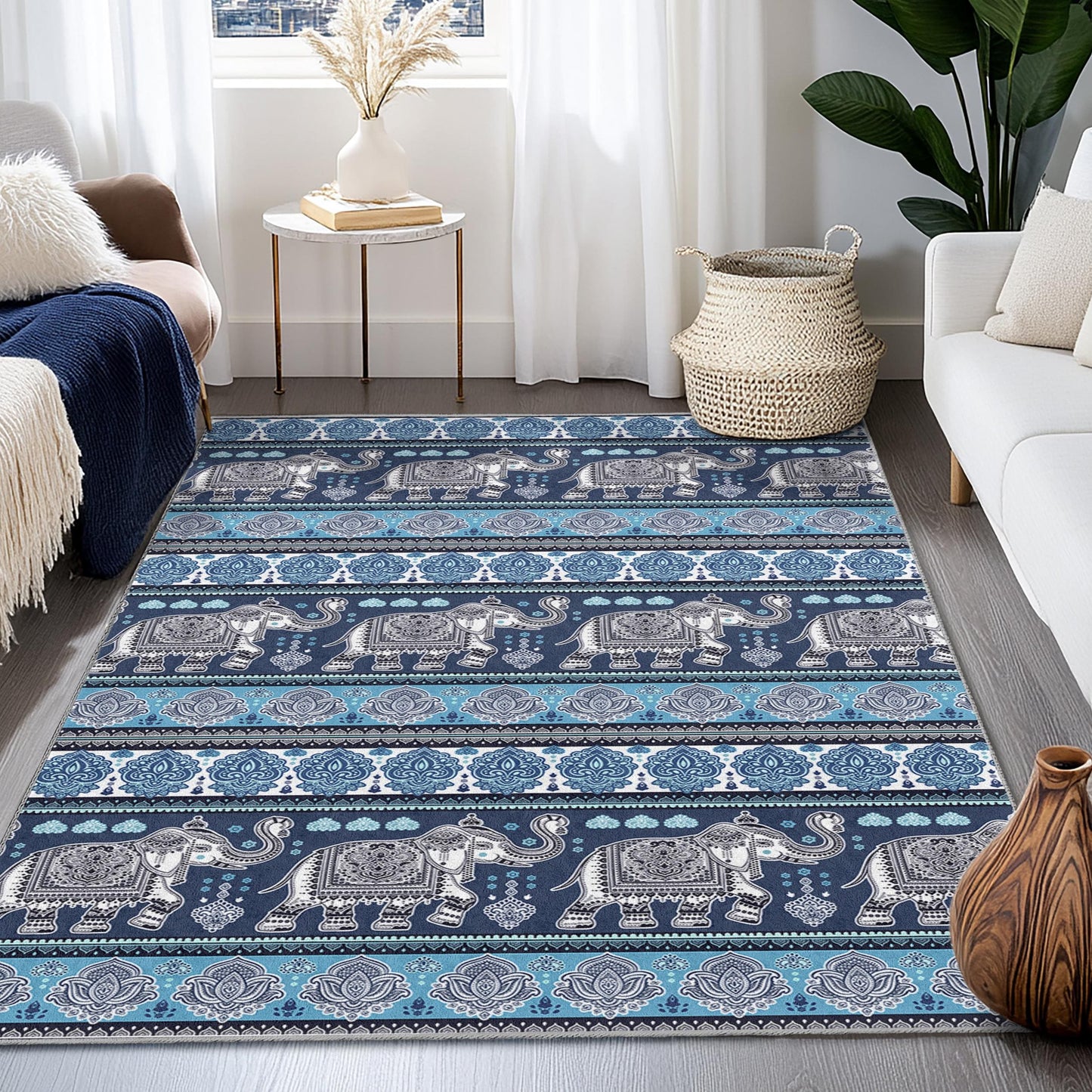 Eleganter rechteckiger Teppich mit Elefantenmuster, Boho-Stil, Wohnzimmerteppich, einzigartiges Elefantendesign, weicher Teppich