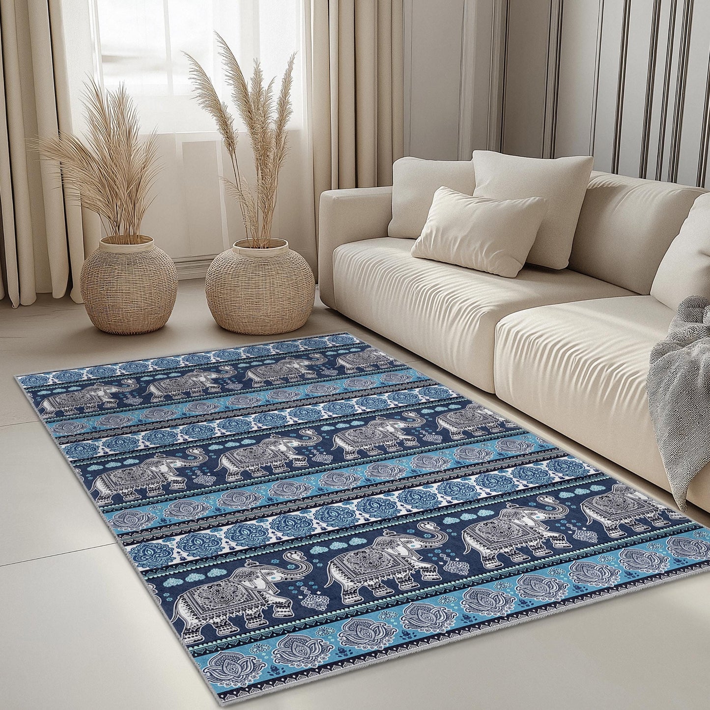 Eleganter rechteckiger Teppich mit Elefantenmuster, Boho-Stil, Wohnzimmerteppich, einzigartiges Elefantendesign, weicher Teppich