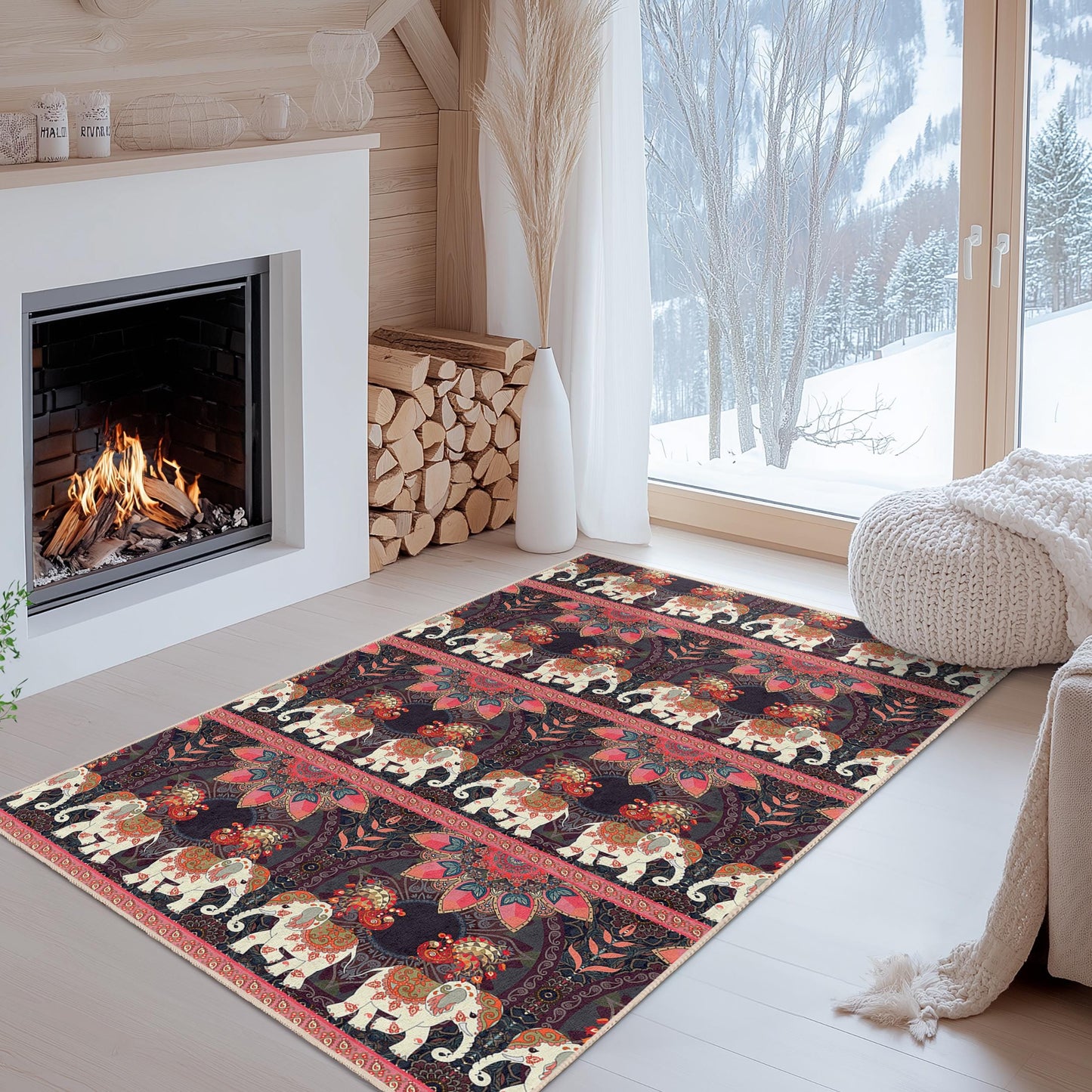 Rechteckiger Teppich mit Elefantenmuster im Boho-Stil, farbenfroher Elefantenteppich, Wohnzimmerteppich, einzigartige Wohndekoration, Teppich im Ethno-Design