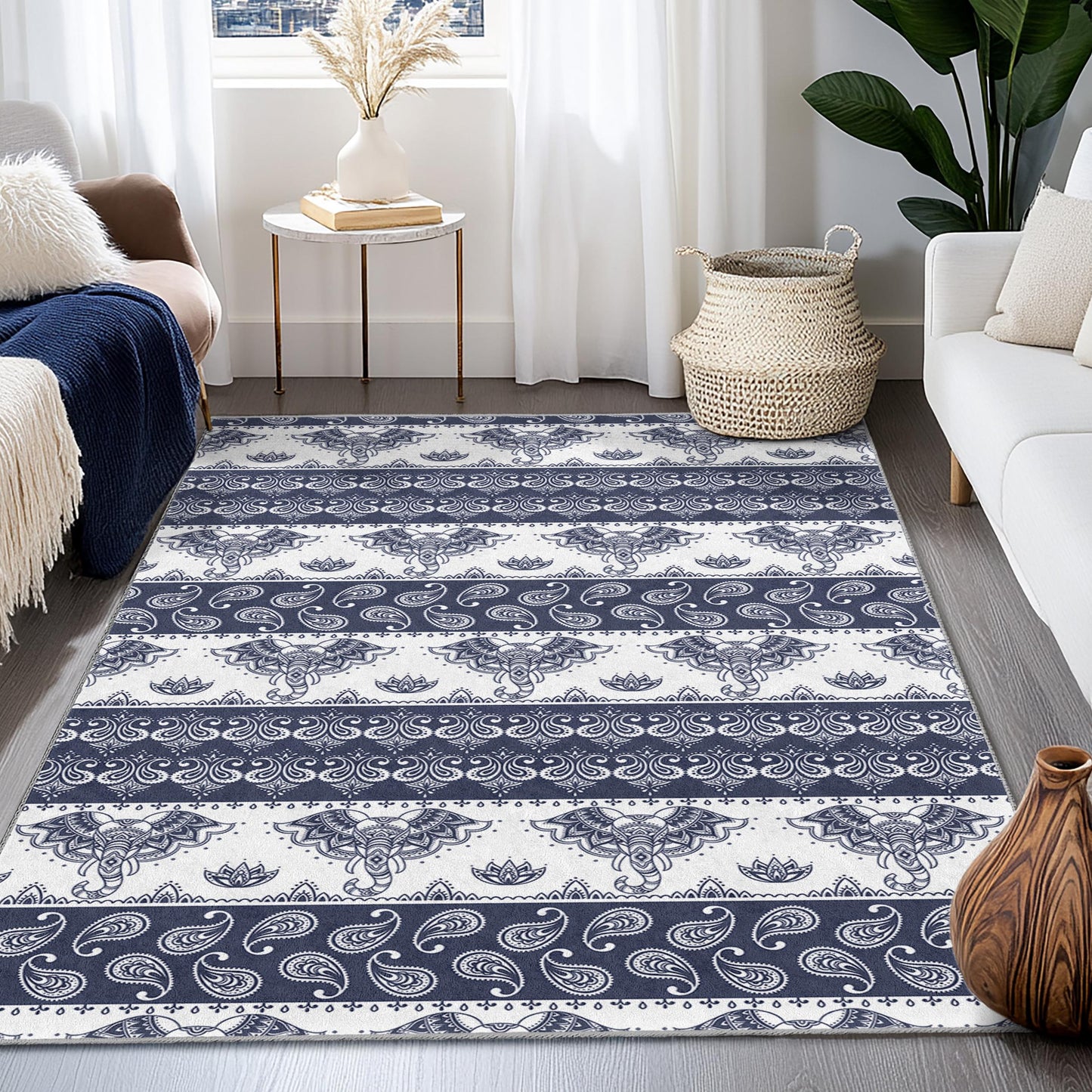 Eleganter rechteckiger Teppich mit Elefantenmuster, marineblauer Boho-Teppich, Wohnzimmerdeko, weiche Fußmatte, Wohndesign