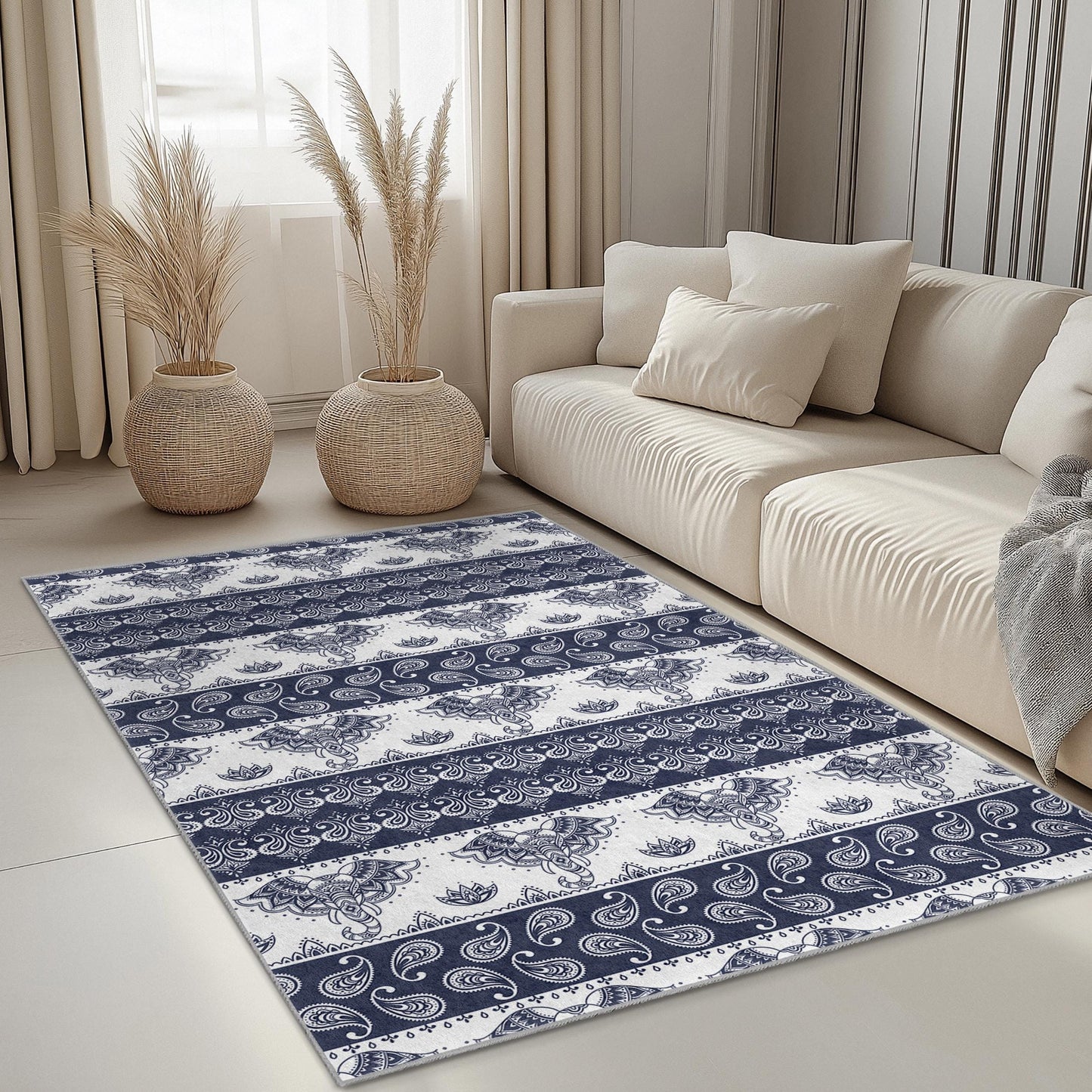 Eleganter rechteckiger Teppich mit Elefantenmuster, marineblauer Boho-Teppich, Wohnzimmerdeko, weiche Fußmatte, Wohndesign