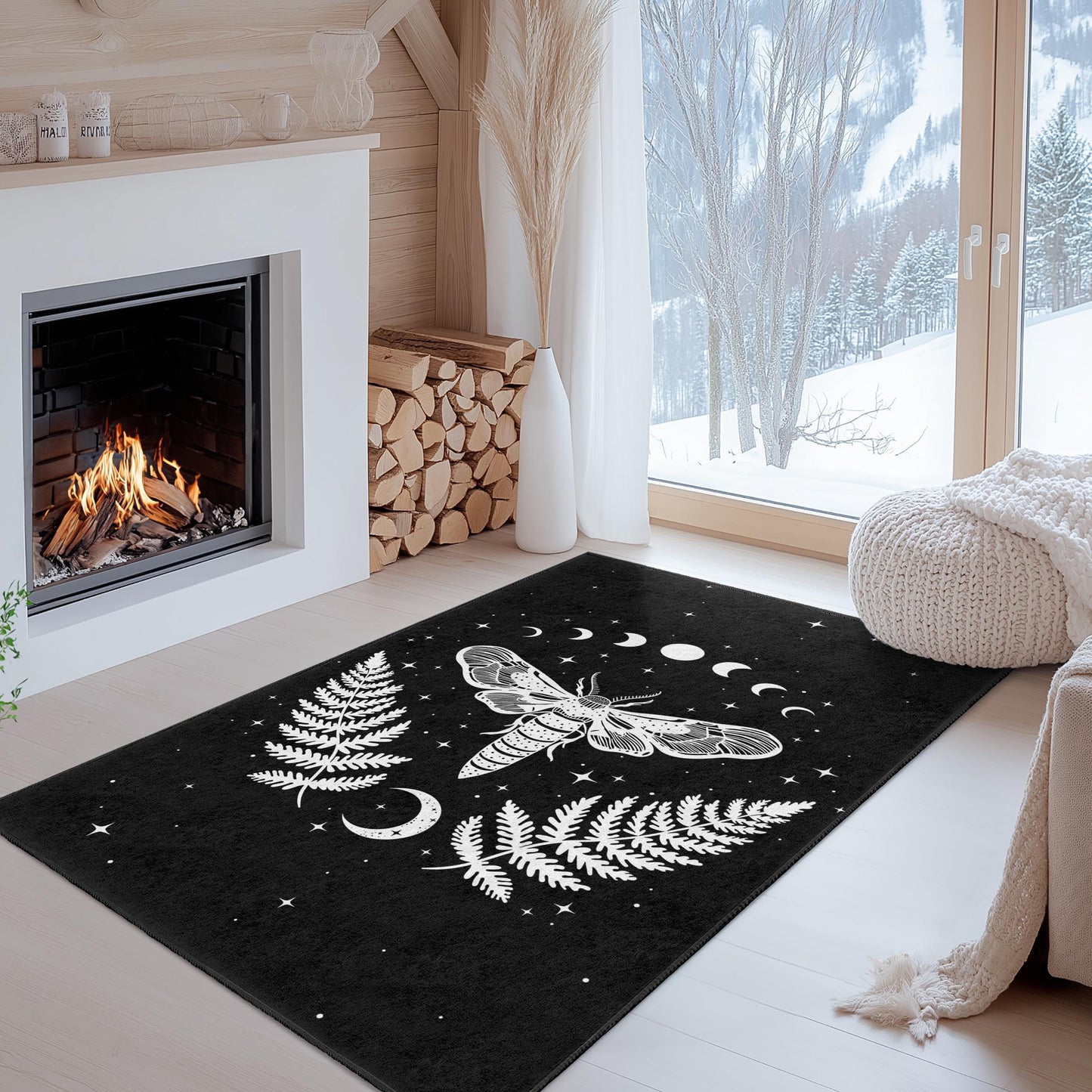 Rechteckiger Teppich mit mystischem Motten- und Farnmuster, Boho-Teppich in Schwarz-Weiß, dunkler Wohnzimmerteppich, einzigartige Wohndekoration
