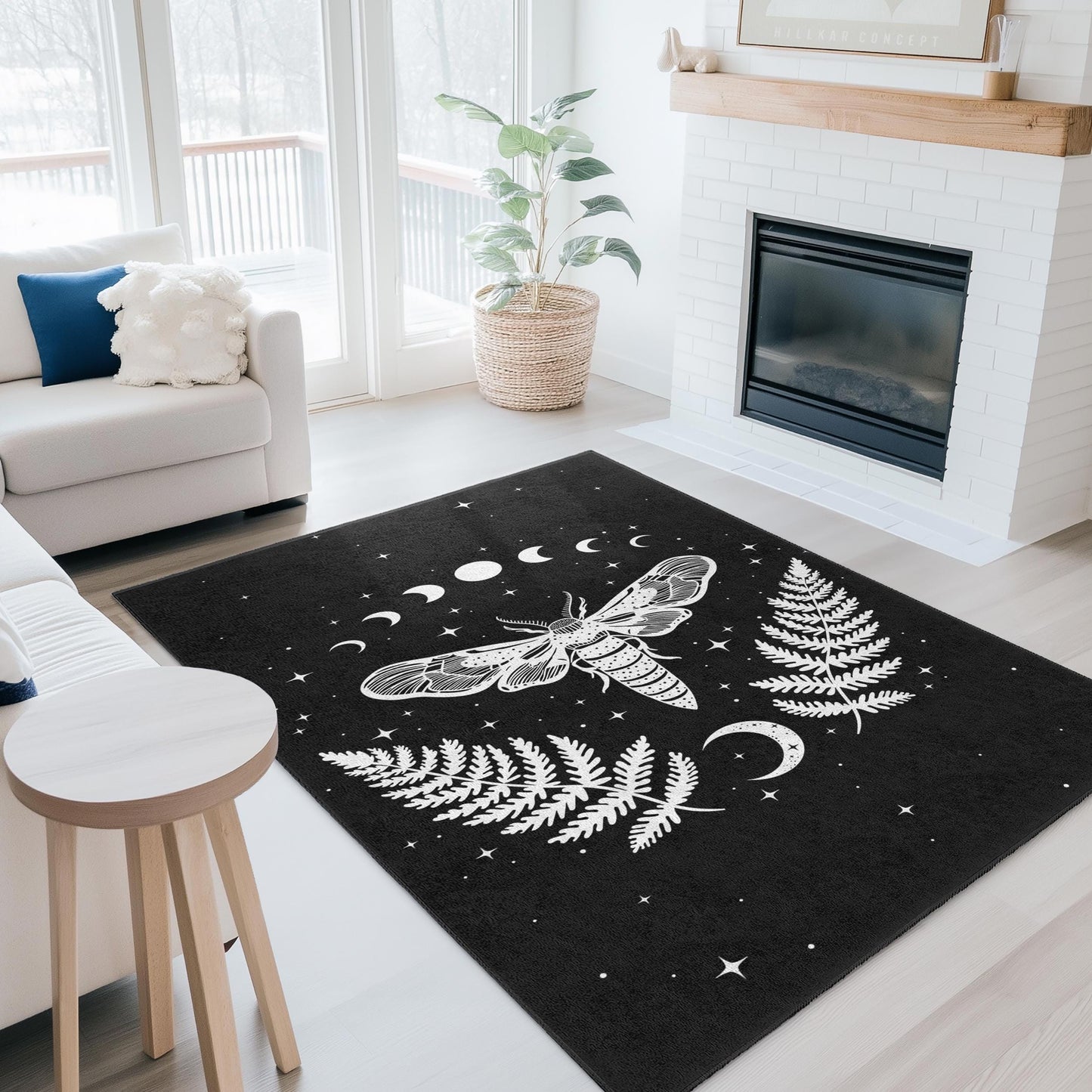 Rechteckiger Teppich mit mystischem Motten- und Farnmuster, Boho-Teppich in Schwarz-Weiß, dunkler Wohnzimmerteppich, einzigartige Wohndekoration