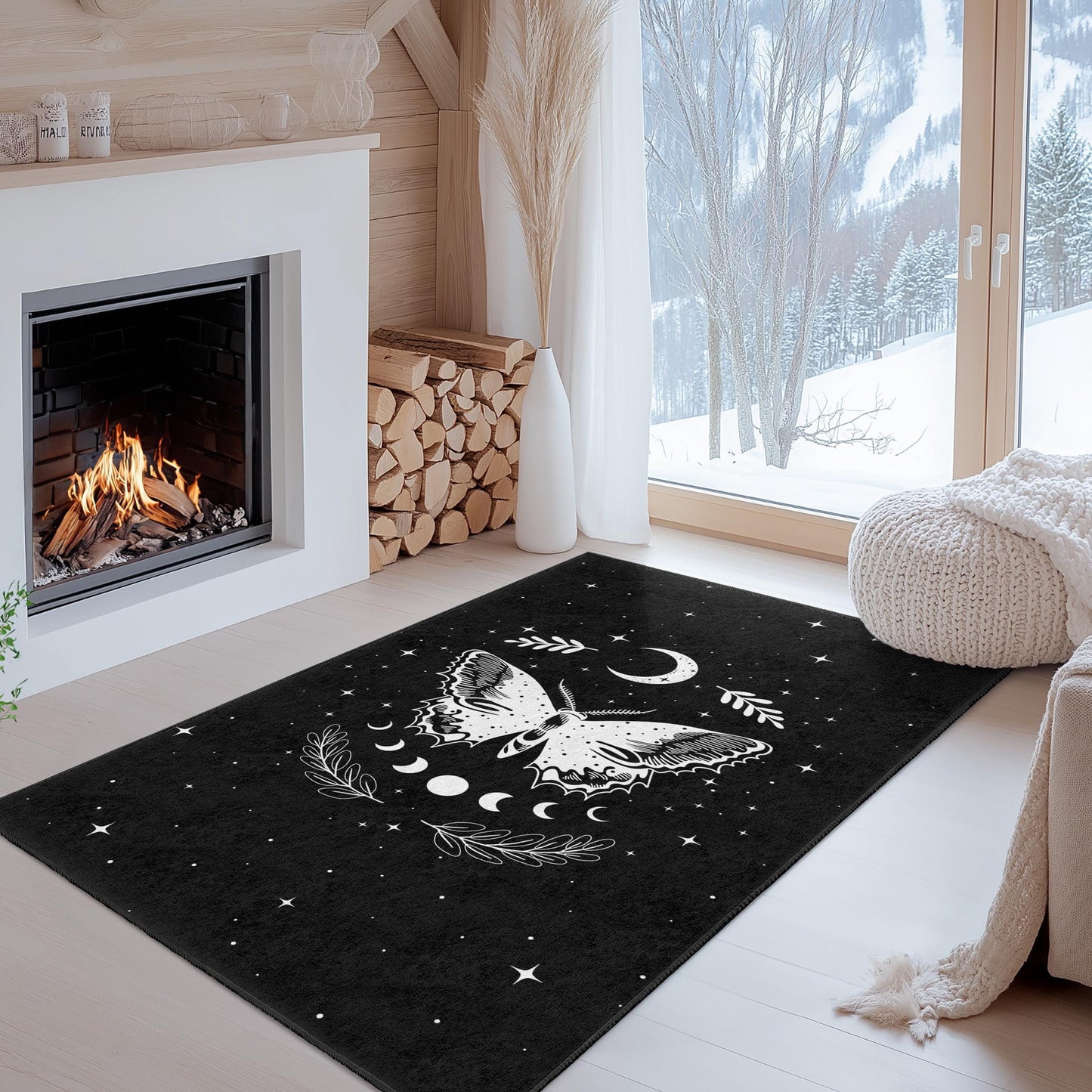 Rechteckiger Teppich mit Mond- und Schmetterlingsmotiv, kosmischer Teppich in Schwarz-Weiß, Wohnaccessoires im Bohème-Stil, stilvoller Wohnzimmerteppich, einzigartiges Schmetterlingsdesign