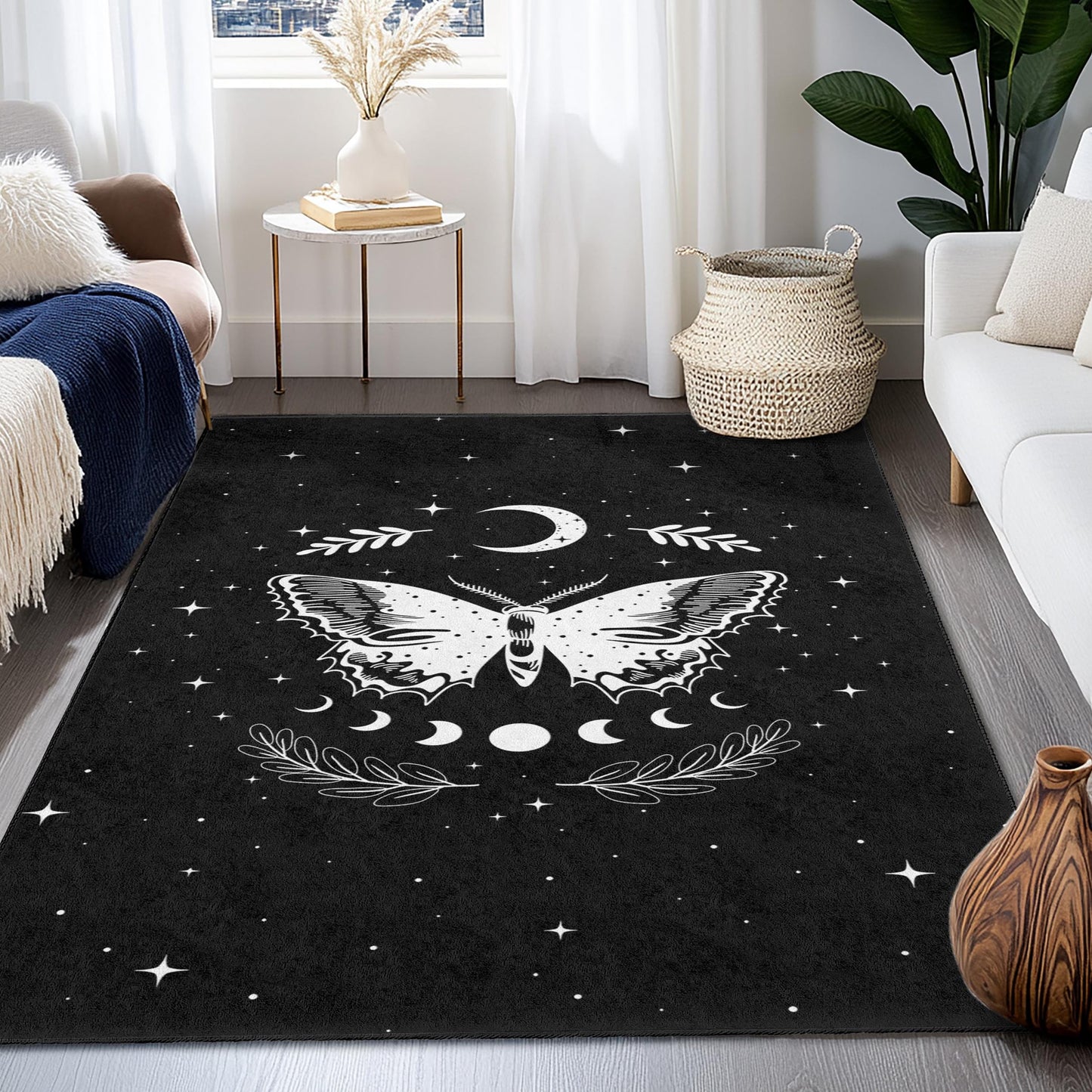 Rechteckiger Teppich mit Mond- und Schmetterlingsmotiv, kosmischer Teppich in Schwarz-Weiß, Wohnaccessoires im Bohème-Stil, stilvoller Wohnzimmerteppich, einzigartiges Schmetterlingsdesign