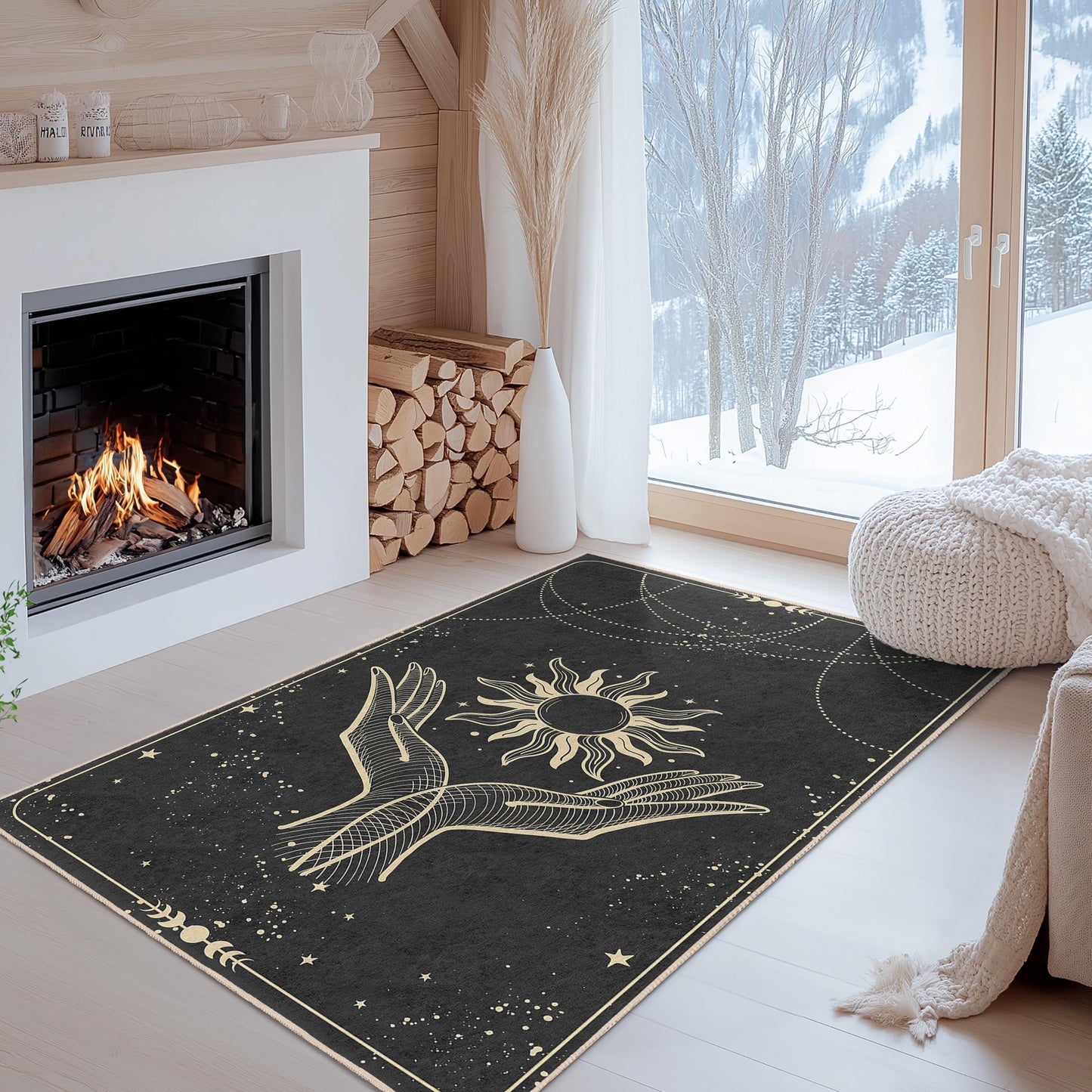 Abstrakter rechteckiger Teppich mit Sonne- und Handmotiv, Teppich im Bohème-Stil, Wohnzimmerdekoration, spiritueller Heimteppich, einzigartige Fußmatte