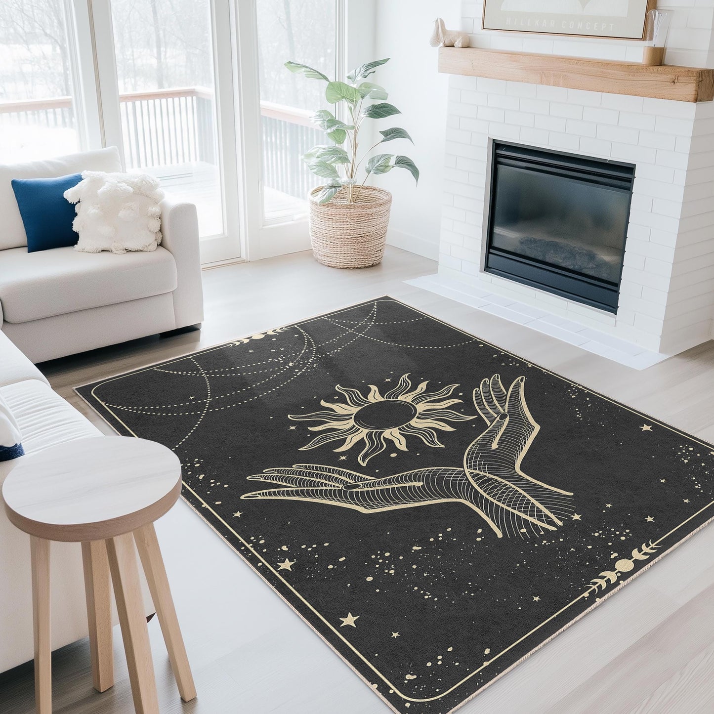Abstrakter rechteckiger Teppich mit Sonne- und Handmotiv, Teppich im Bohème-Stil, Wohnzimmerdekoration, spiritueller Heimteppich, einzigartige Fußmatte