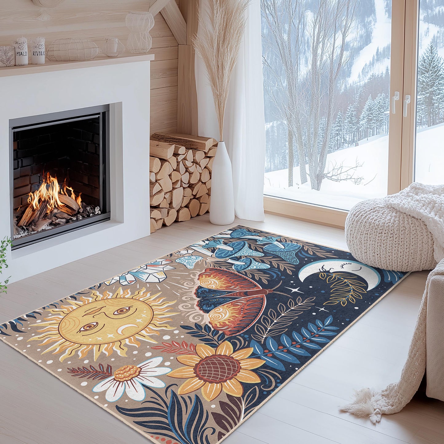 Bezaubernder rechteckiger Teppich mit Sonne- und Mondmotiv, Blumen- und Schmetterlingsdesign, Wohnzimmerteppich, Boho-Stil