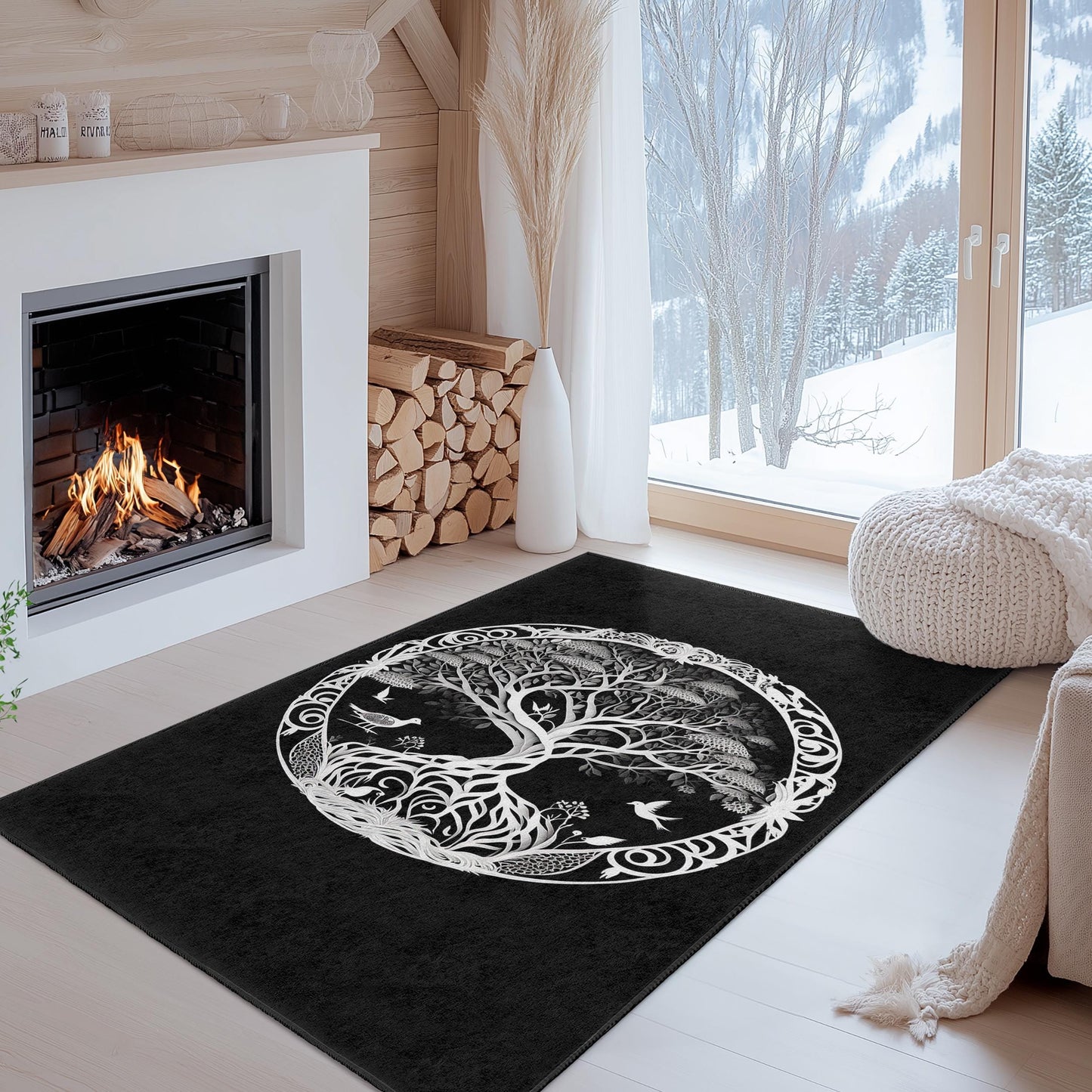 Eleganter runder Teppich mit Lebensbaum-Motiv, schwarz-weißes Naturdekor, runder Boho-Teppich fürs Wohnzimmer, einzigartiges Wohnaccessoire