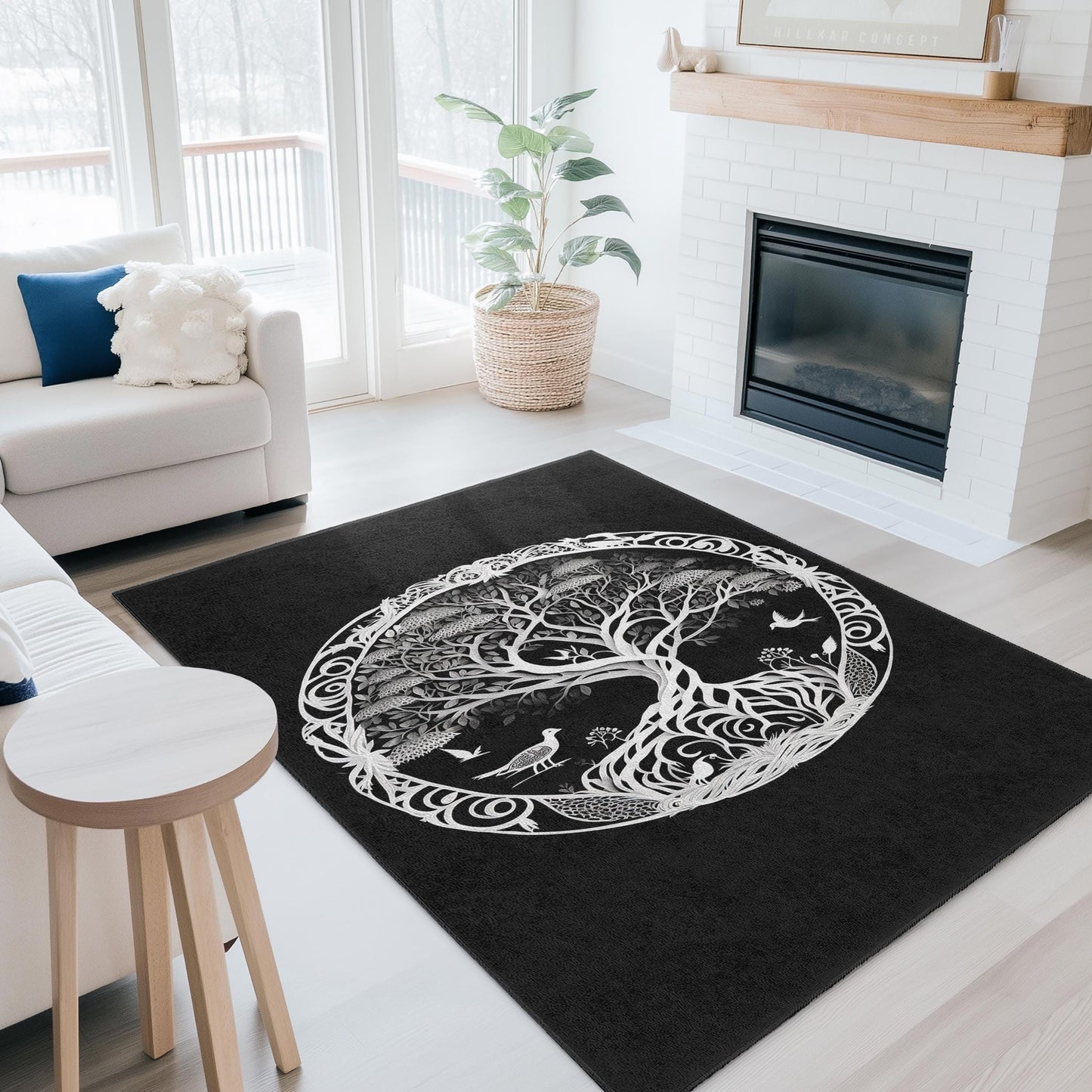 Eleganter runder Teppich mit Lebensbaum-Motiv, schwarz-weißes Naturdekor, runder Boho-Teppich fürs Wohnzimmer, einzigartiges Wohnaccessoire