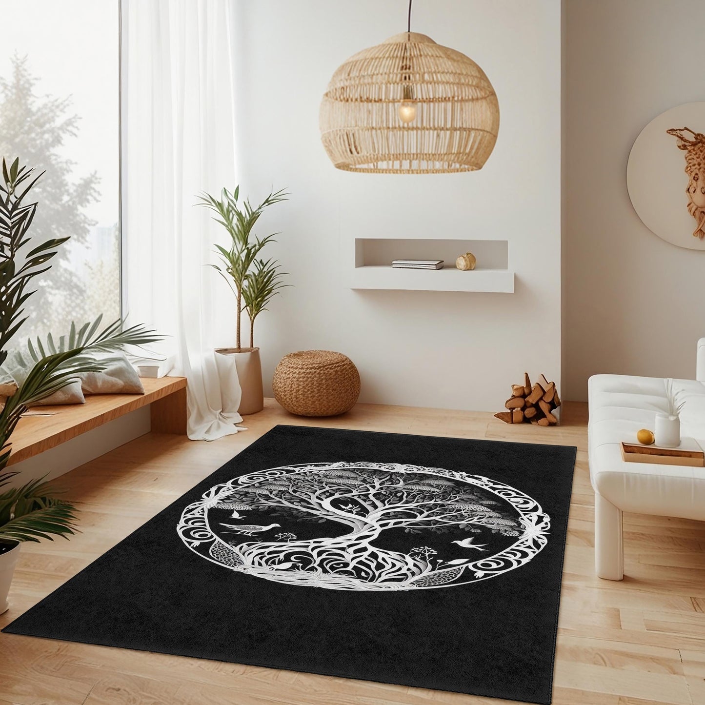Eleganter runder Teppich mit Lebensbaum-Motiv, schwarz-weißes Naturdekor, runder Boho-Teppich fürs Wohnzimmer, einzigartiges Wohnaccessoire