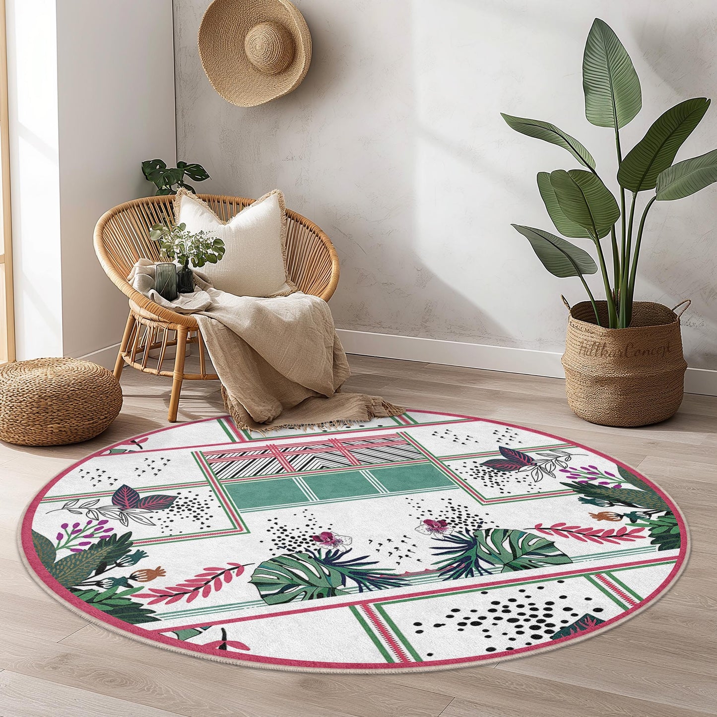 Runder Teppich mit lebendigem Blumenmuster, runder Boho-Chic-Teppich, stilvoller runder Teppich für Wohnzimmer, Schlafzimmer oder Kinderzimmer