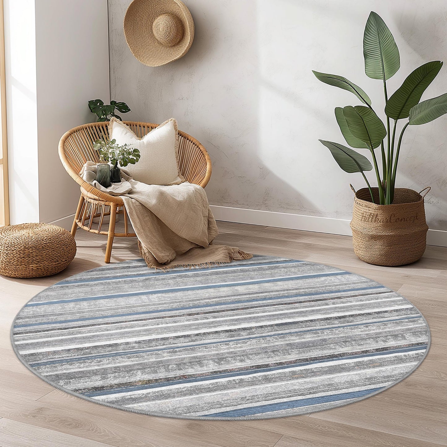 Stilvoller runder Streifenteppich, moderner grau-blauer Kreisteppich, Wohnzimmerdekoration, weicher runder Teppich für Zuhause