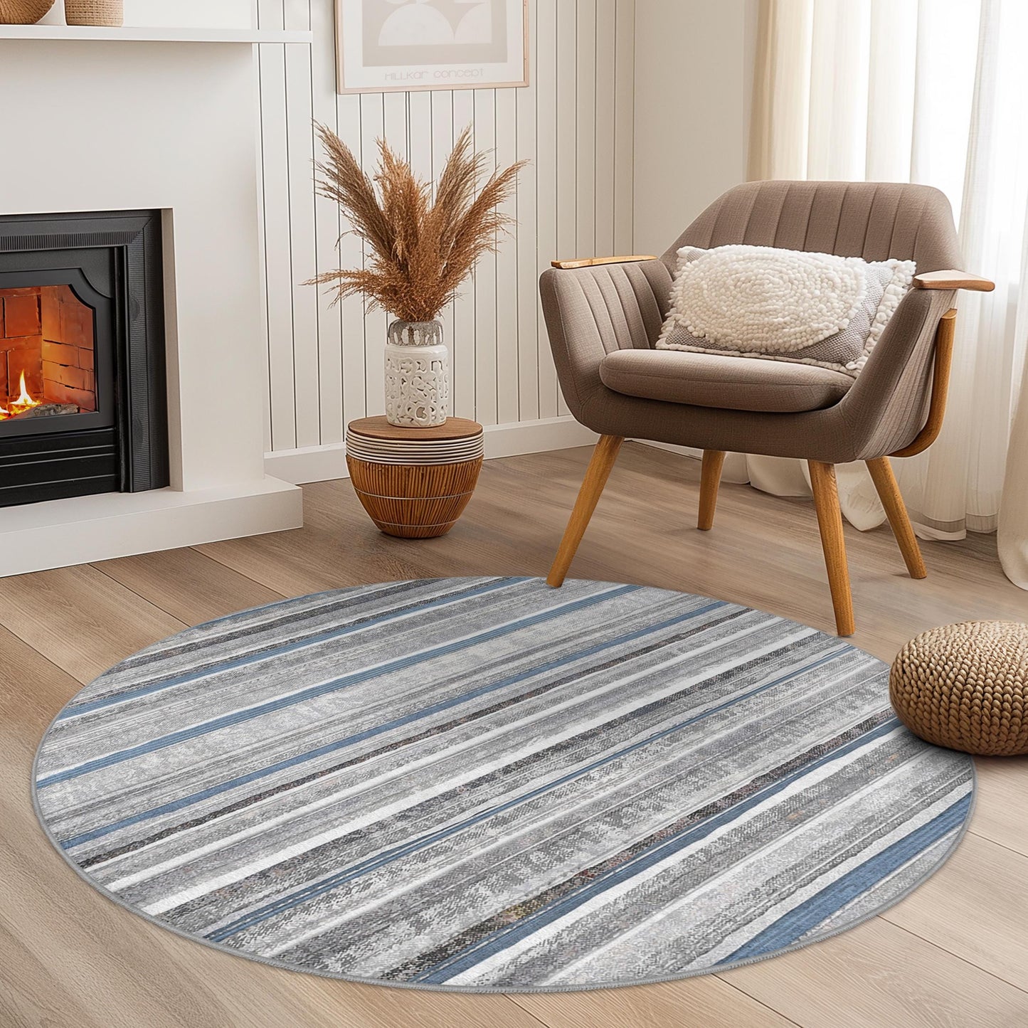 Stilvoller runder Streifenteppich, moderner grau-blauer Kreisteppich, Wohnzimmerdekoration, weicher runder Teppich für Zuhause