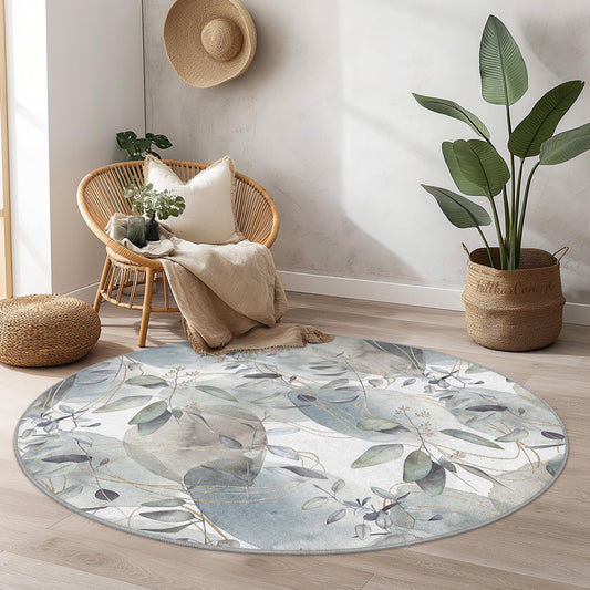 Elegant Round Leaf Pattern Area Rug, Soft Floral Round Carpet, Living Room Decor, Modern Round Rug, Home Accent Floor Covering