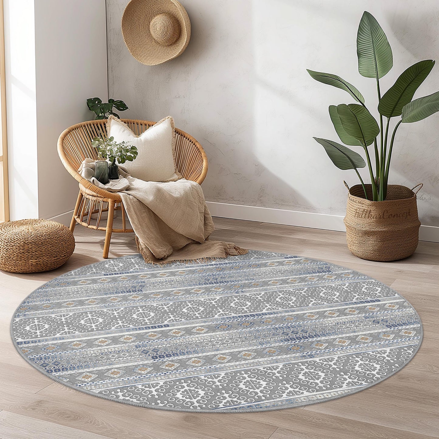 Eleganter, geometrischer, runder Teppich, runder Boho-Teppich, weicher Wohnzimmerteppich, moderne runde Fußmatte, stilvolle Wohndekoration
