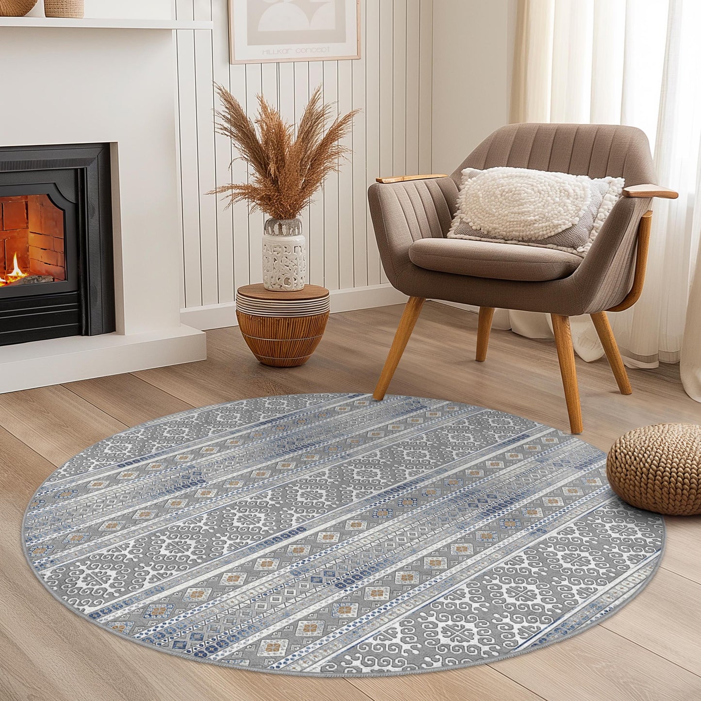 Eleganter, geometrischer, runder Teppich, runder Boho-Teppich, weicher Wohnzimmerteppich, moderne runde Fußmatte, stilvolle Wohndekoration
