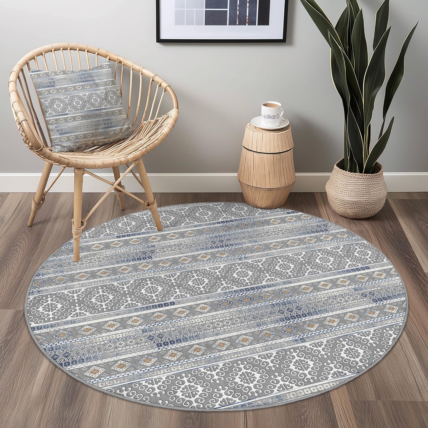 Eleganter, geometrischer, runder Teppich, runder Boho-Teppich, weicher Wohnzimmerteppich, moderne runde Fußmatte, stilvolle Wohndekoration