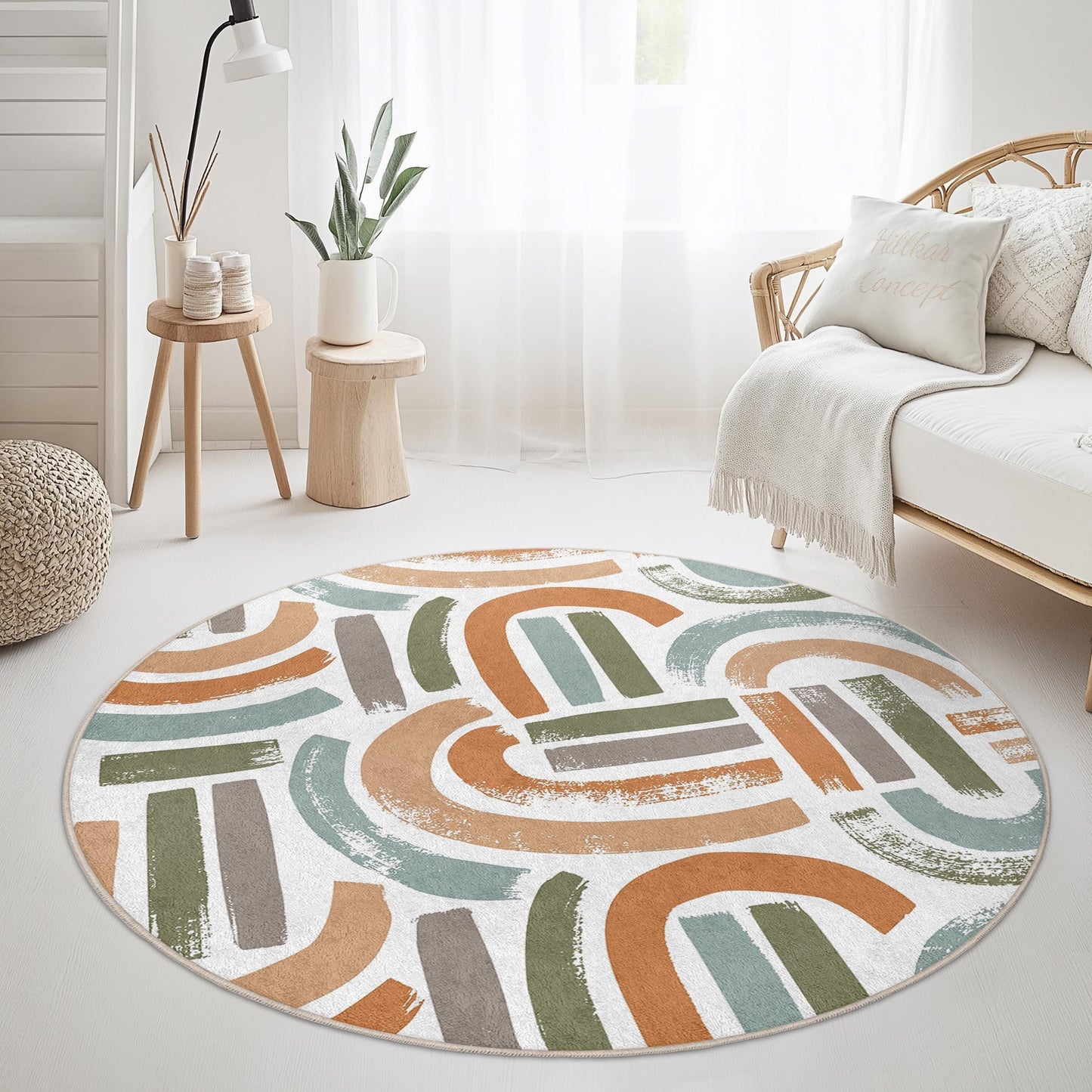 Abstrakter runder Teppich, moderner geometrischer Kreisteppich, stilvolle Wohnzimmerdekoration, runder Teppich im Bohème-Stil, weiche Fußmatte für den Innenbereich