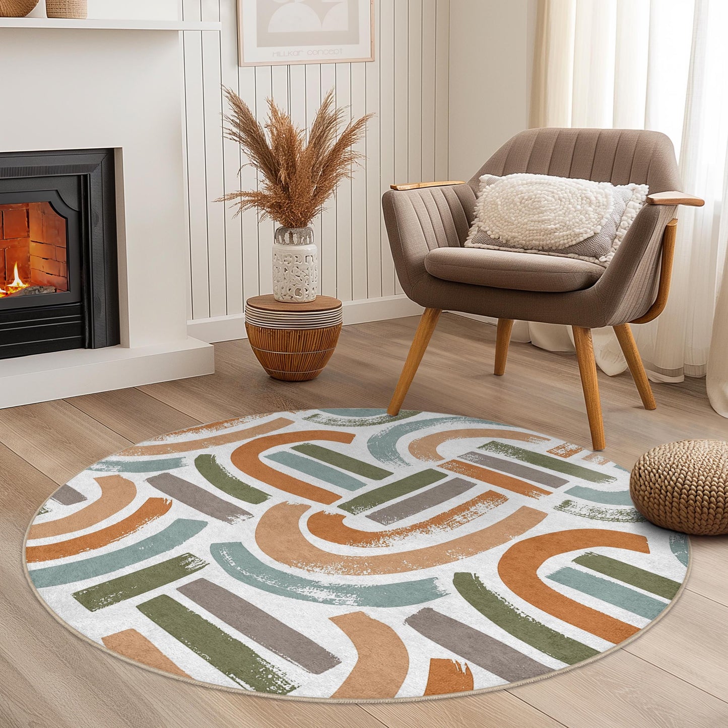 Abstrakter runder Teppich, moderner geometrischer Kreisteppich, stilvolle Wohnzimmerdekoration, runder Teppich im Bohème-Stil, weiche Fußmatte für den Innenbereich