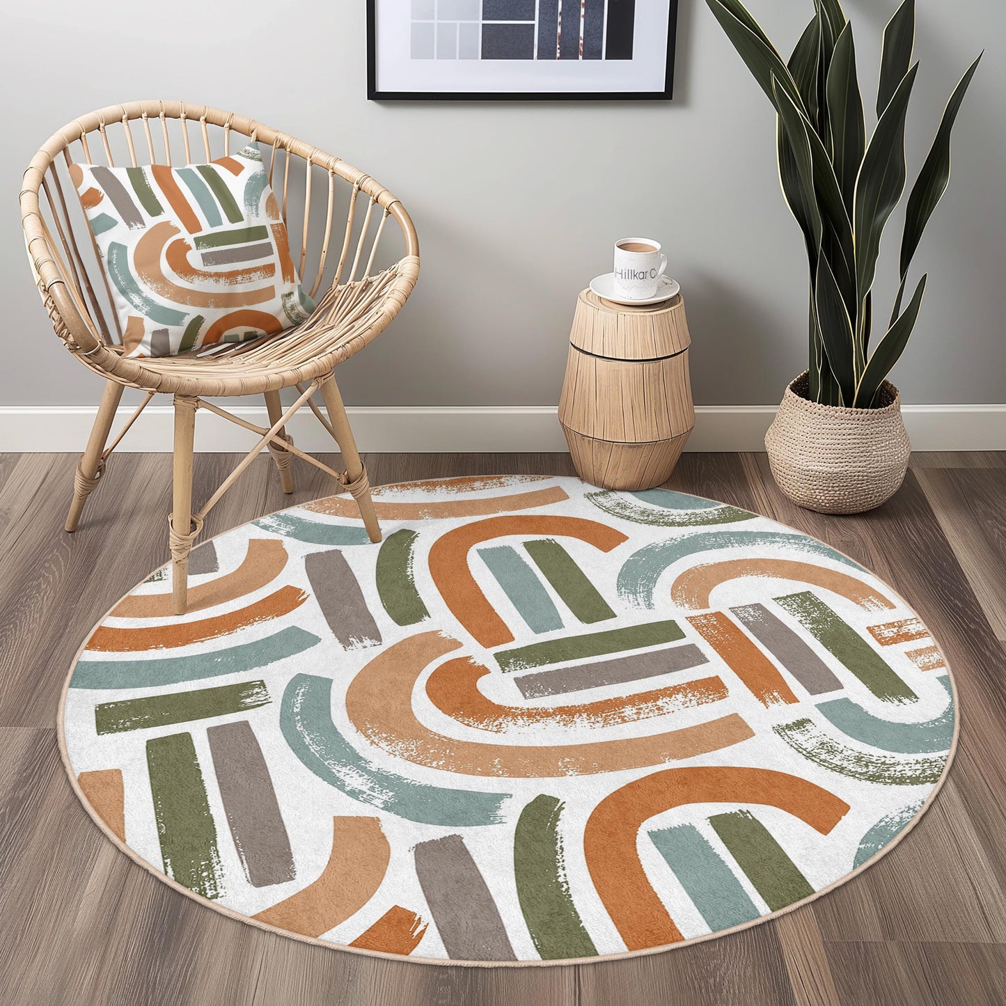 Abstrakter runder Teppich, moderner geometrischer Kreisteppich, stilvolle Wohnzimmerdekoration, runder Teppich im Bohème-Stil, weiche Fußmatte für den Innenbereich