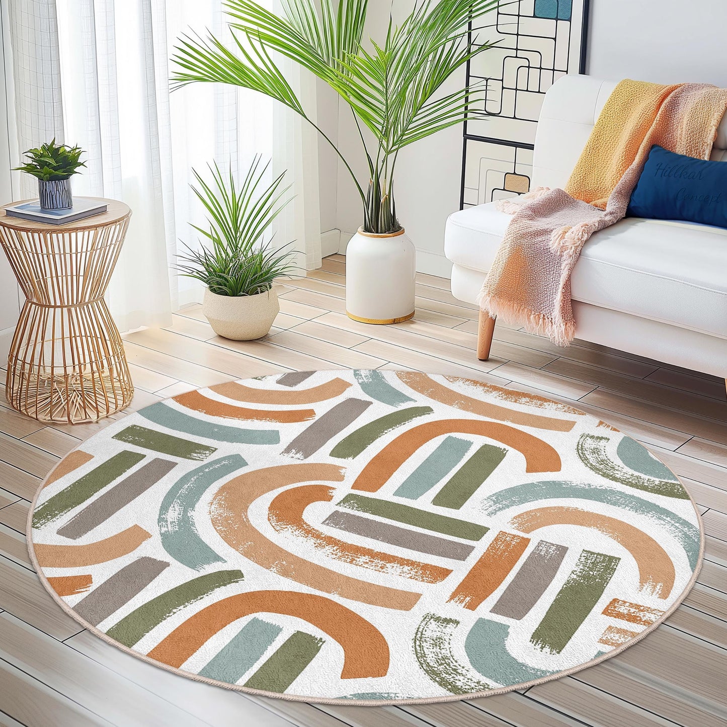 Abstrakter runder Teppich, moderner geometrischer Kreisteppich, stilvolle Wohnzimmerdekoration, runder Teppich im Bohème-Stil, weiche Fußmatte für den Innenbereich