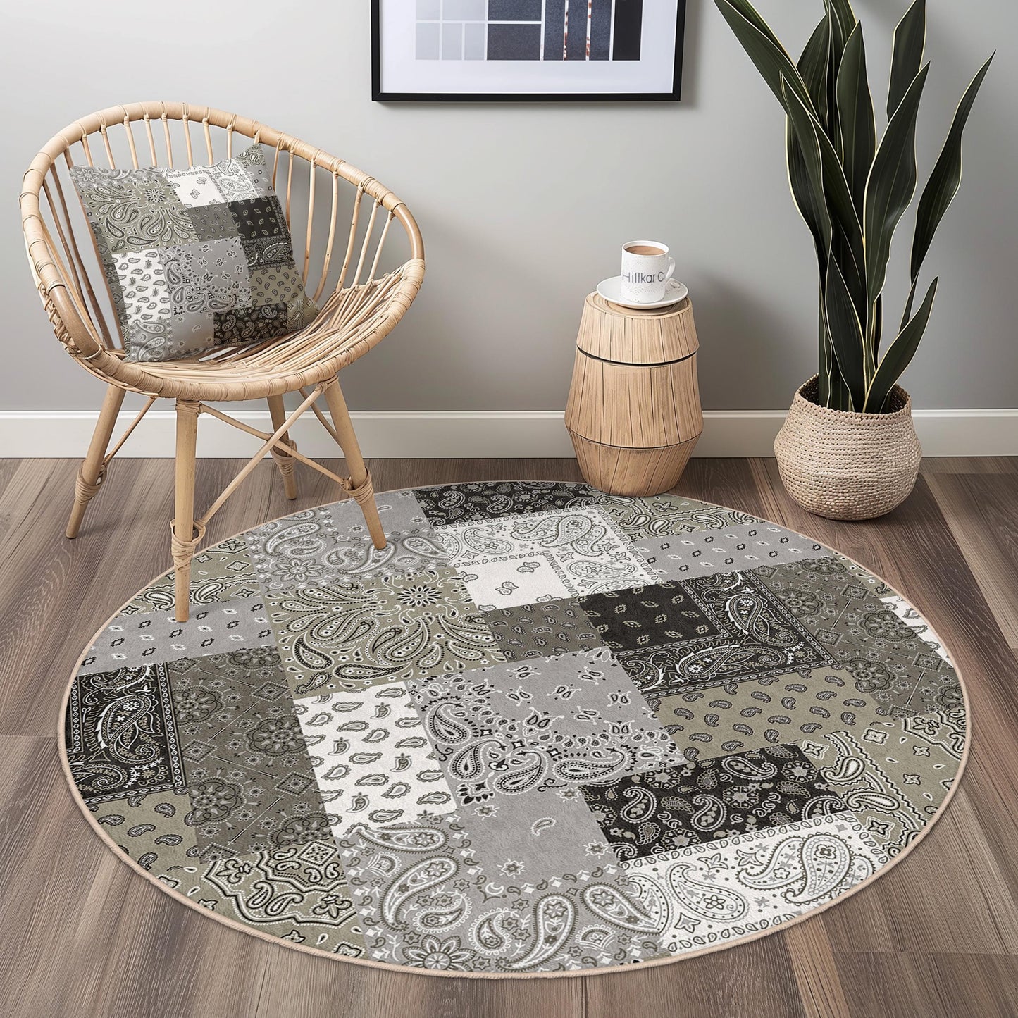 Schicker runder Teppich mit grauem Bandana-Muster, stilvoller runder Teppich fürs Wohnzimmer, runder Teppich im Bohème-Stil, weiche dekorative Bodenmatte