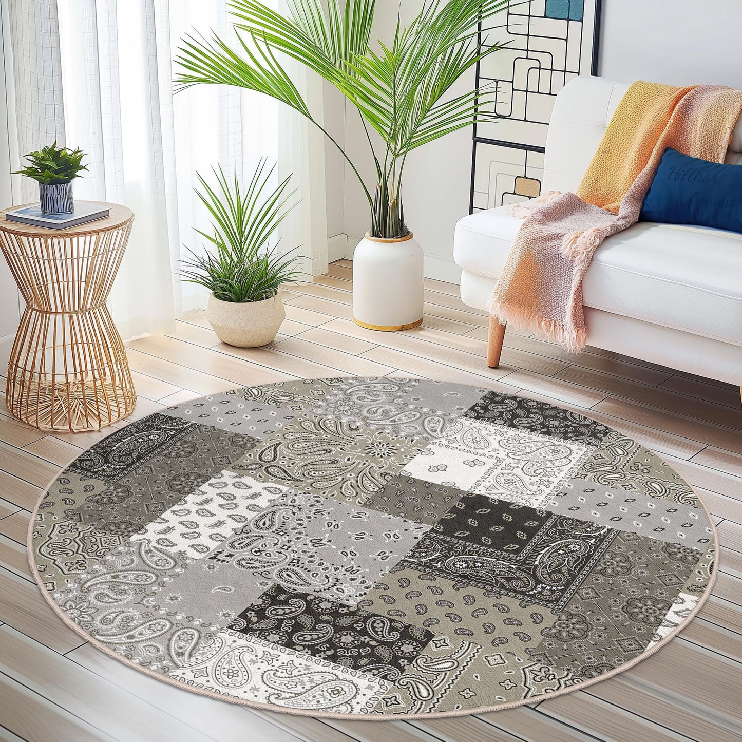 Schicker runder Teppich mit grauem Bandana-Muster, stilvoller runder Teppich fürs Wohnzimmer, runder Teppich im Bohème-Stil, weiche dekorative Bodenmatte