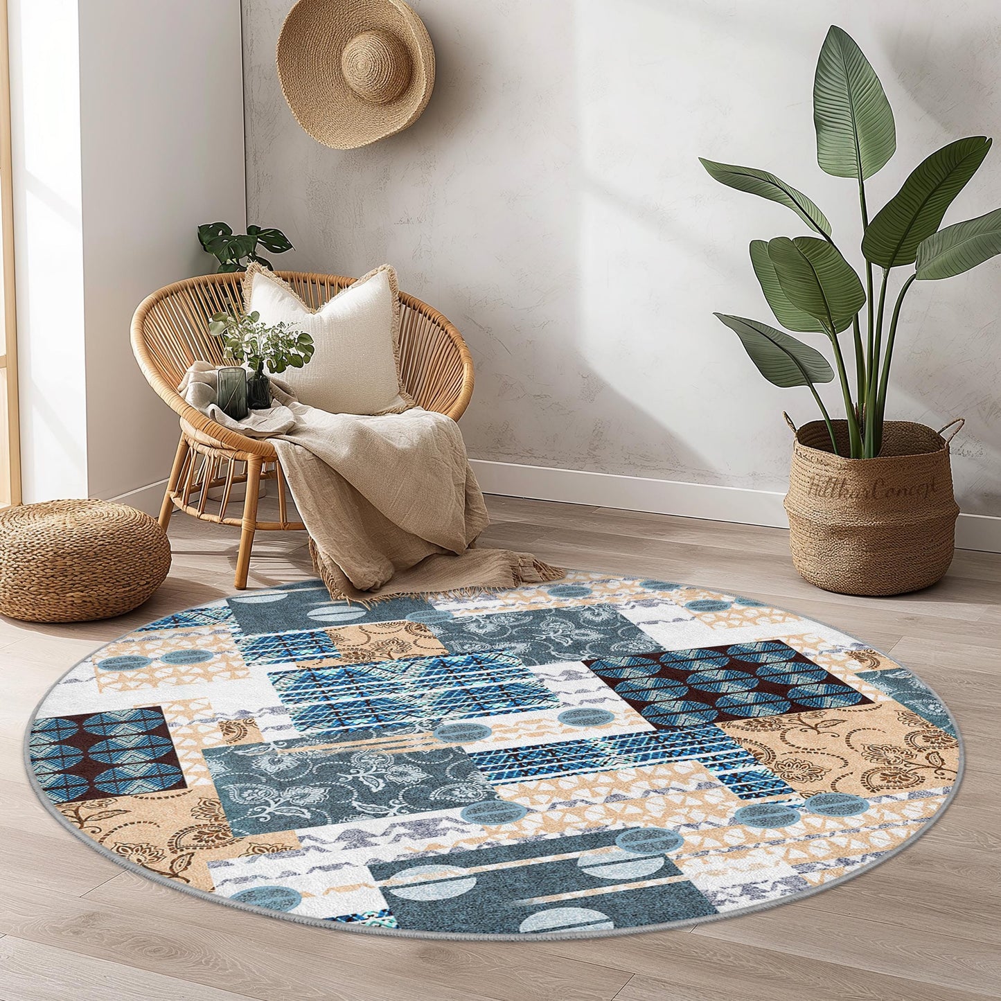 Runder Teppich mit geometrischem Muster, moderner runder Teppich, Wohnzimmerdeko, weicher runder Teppich, Wohnaccessoire im Boho-Stil