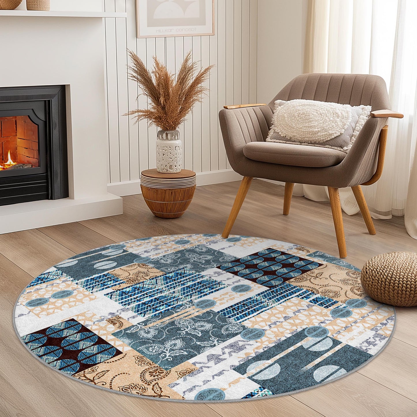 Runder Teppich mit geometrischem Muster, moderner runder Teppich, Wohnzimmerdeko, weicher runder Teppich, Wohnaccessoire im Boho-Stil
