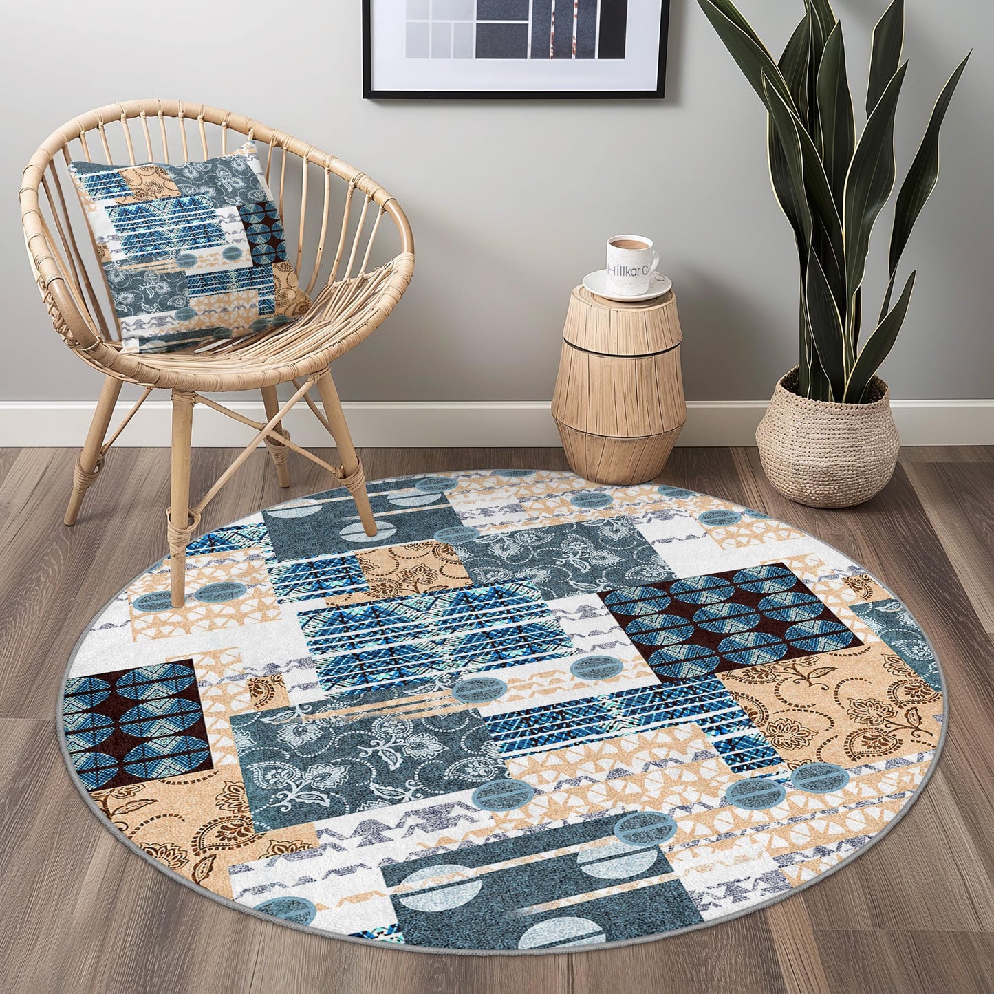 Runder Teppich mit geometrischem Muster, moderner runder Teppich, Wohnzimmerdeko, weicher runder Teppich, Wohnaccessoire im Boho-Stil