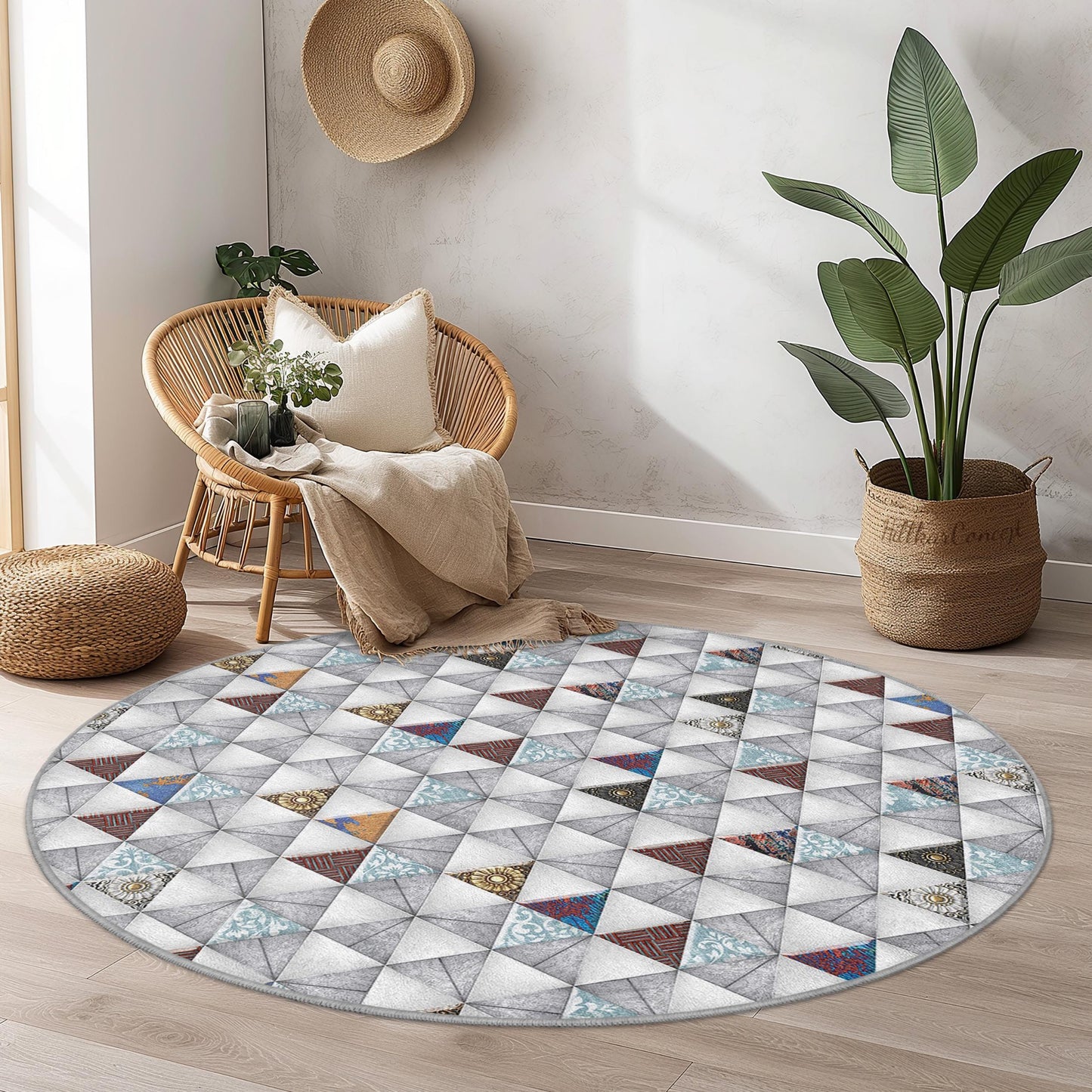 Runder Teppich mit geometrischem Dreiecksmuster, moderner runder Teppich, stilvoller Kreisteppich für Wohnzimmer, Schlafzimmer oder Büro