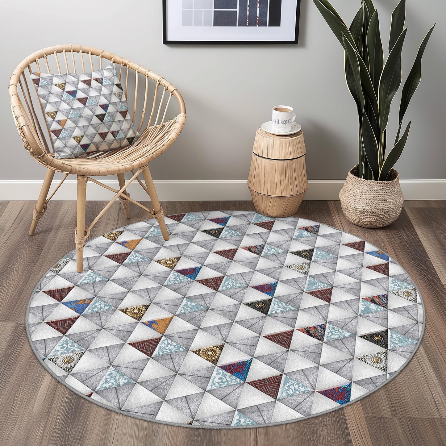 Runder Teppich mit geometrischem Dreiecksmuster, moderner runder Teppich, stilvoller Kreisteppich für Wohnzimmer, Schlafzimmer oder Büro