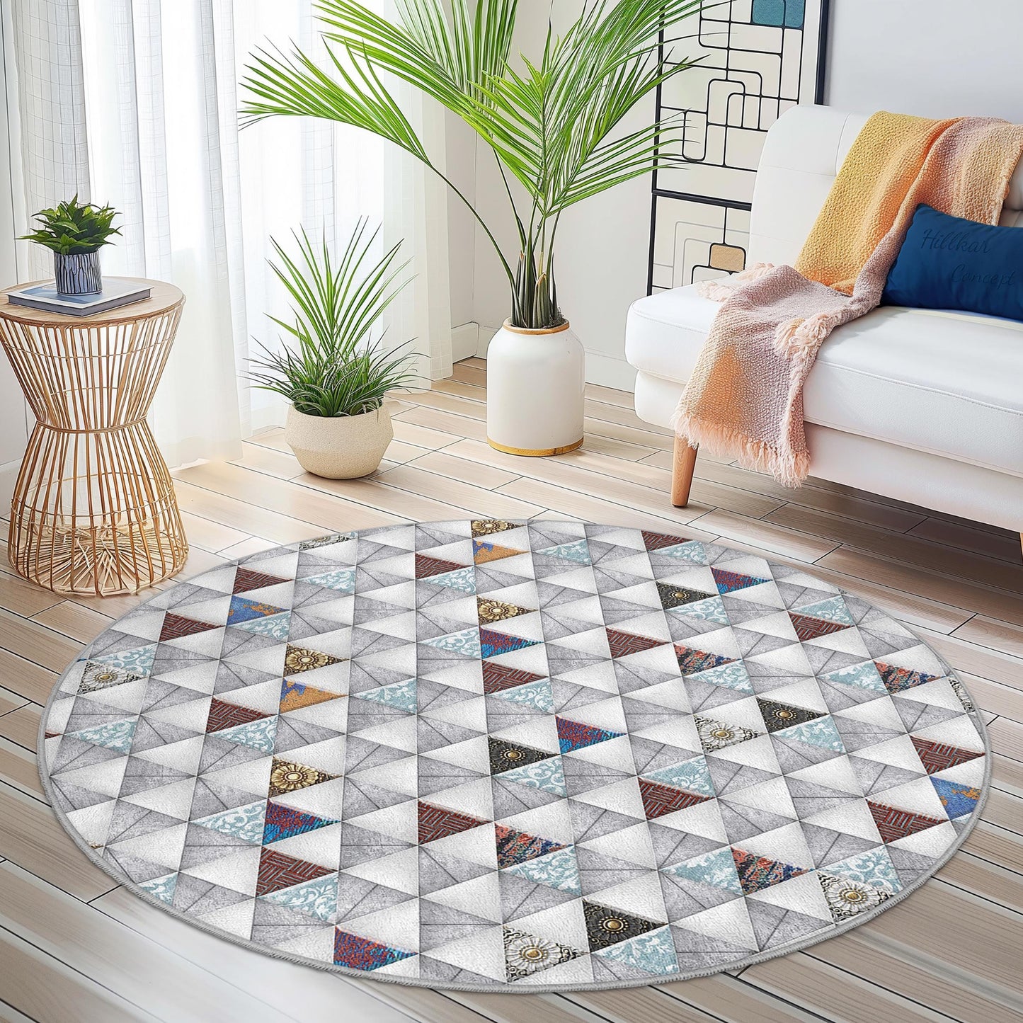Runder Teppich mit geometrischem Dreiecksmuster, moderner runder Teppich, stilvoller Kreisteppich für Wohnzimmer, Schlafzimmer oder Büro