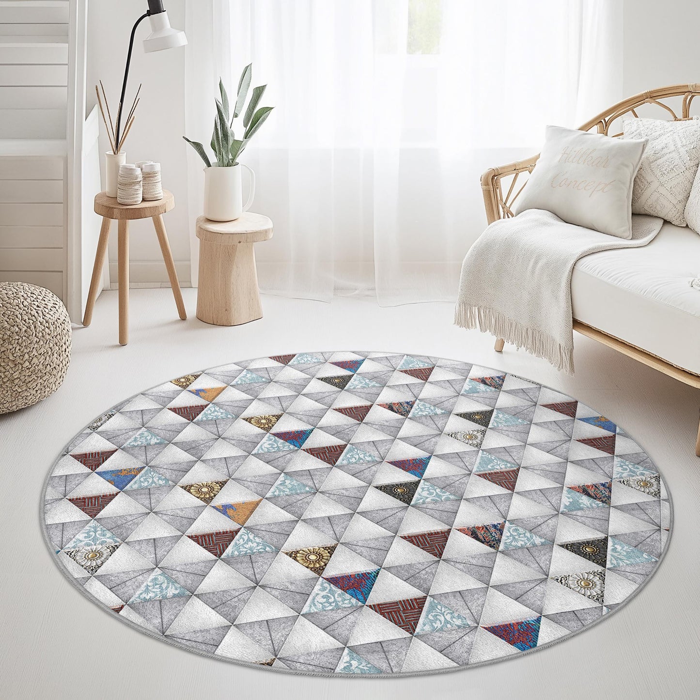Geometric Triangle Pattern Round Area Rug, Modern Round Carpet, Stylish Circle Rug for Living Room, Bedroom, or Office Decor