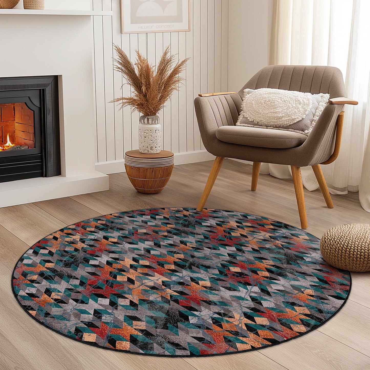 Runder Teppich mit geometrischem Muster, moderner runder Teppich fürs Wohnzimmer, stilvolle runde Fußmatte, einzigartige runde Wohnaccessoires