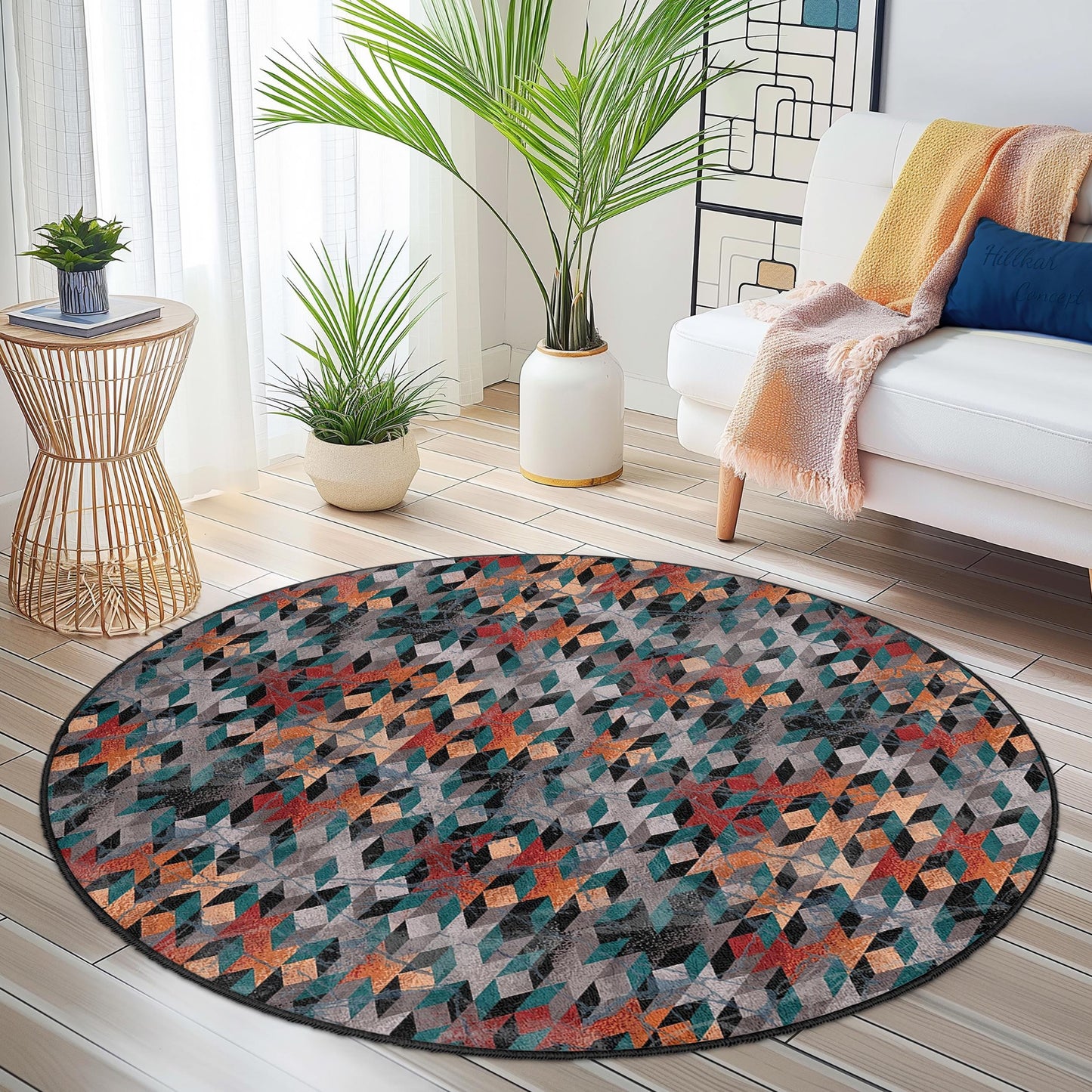 Runder Teppich mit geometrischem Muster, moderner runder Teppich fürs Wohnzimmer, stilvolle runde Fußmatte, einzigartige runde Wohnaccessoires